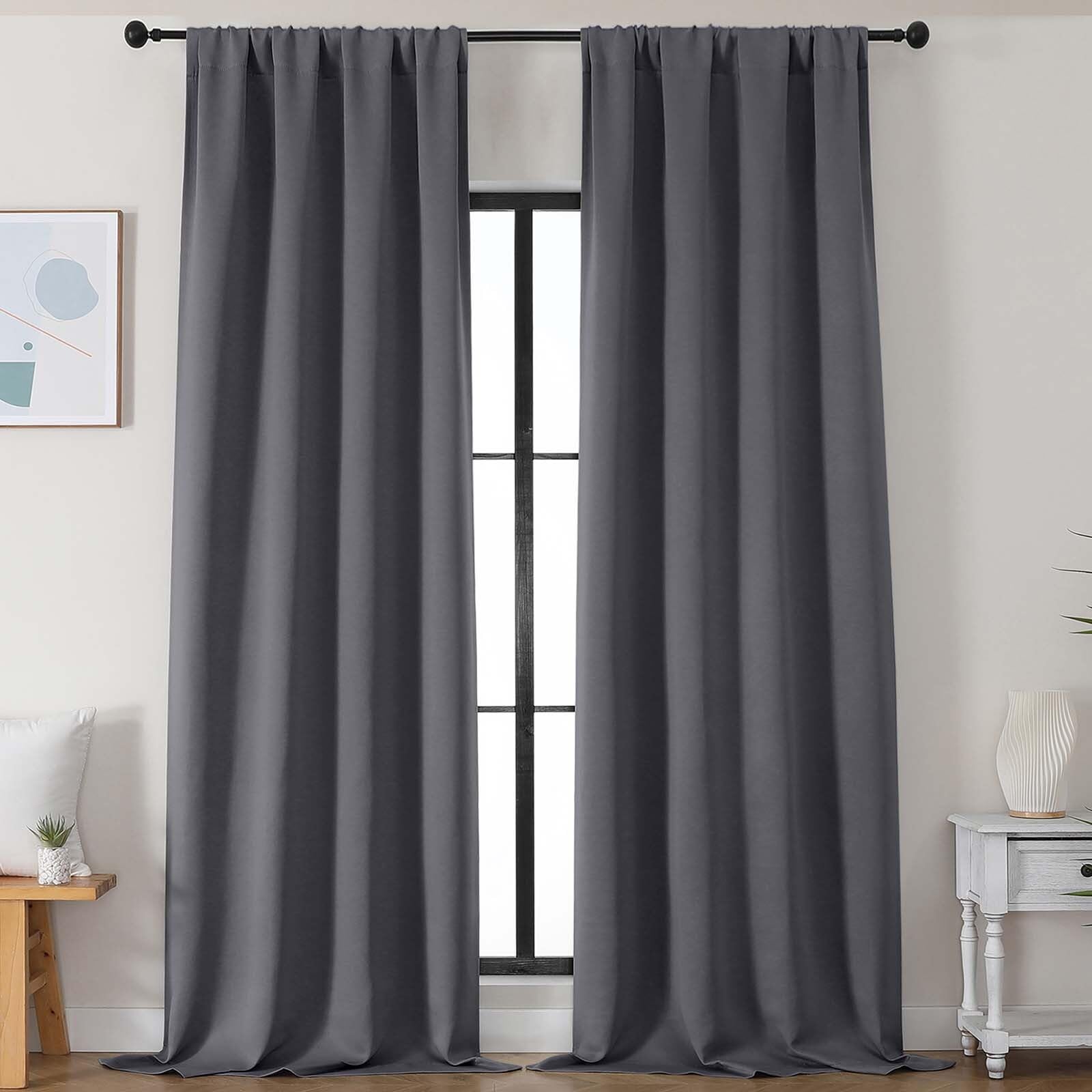 Simplebrand Ava Stone Blue Blackout Curtains for Bedroom 63 Inch Length 2 Panels, Solid Thermal Insulated Energy Saving Rod Pocket Window Treatment Curtains Blackout Drapes, W40 x L63 Inch, Stone Blue