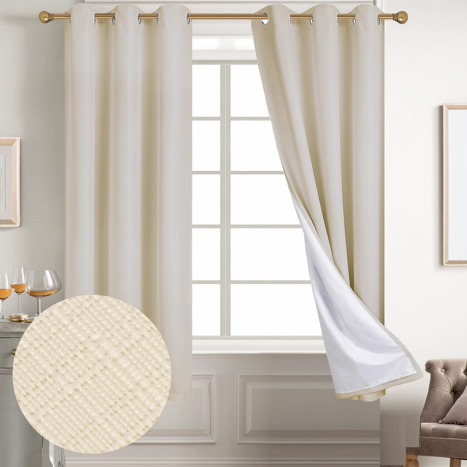 Diraysid 100% Blackout White Curtains Linen Curtains for Bedroom Grommet Thermal Insulated Room Darkening Drapes (2 Panels, W52 x L84 Inch)