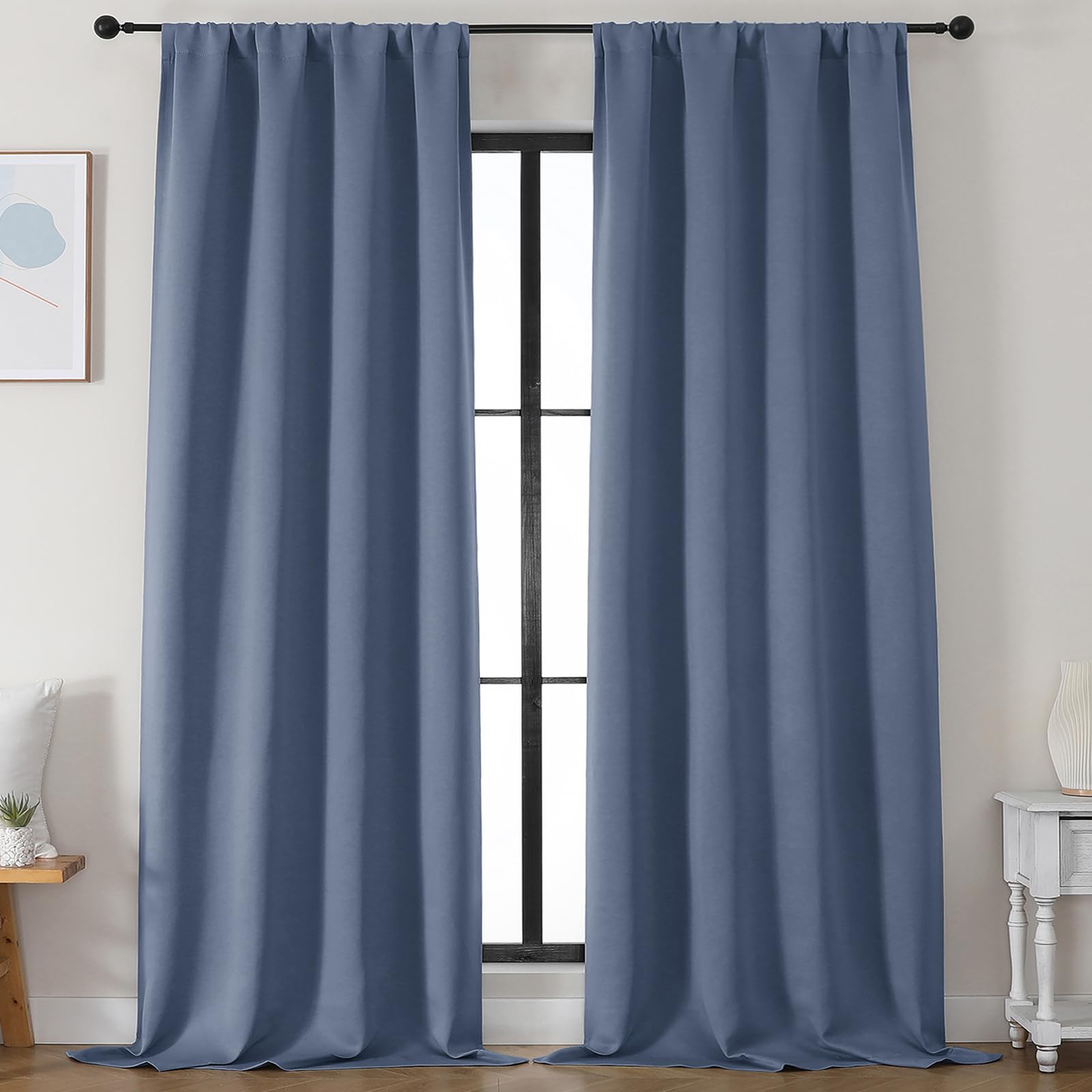 Simplebrand Ava Stone Blue Blackout Curtains for Bedroom 63 Inch Length 2 Panels, Solid Thermal Insulated Energy Saving Rod Pocket Window Treatment Curtains Blackout Drapes, W40 x L63 Inch, Stone Blue