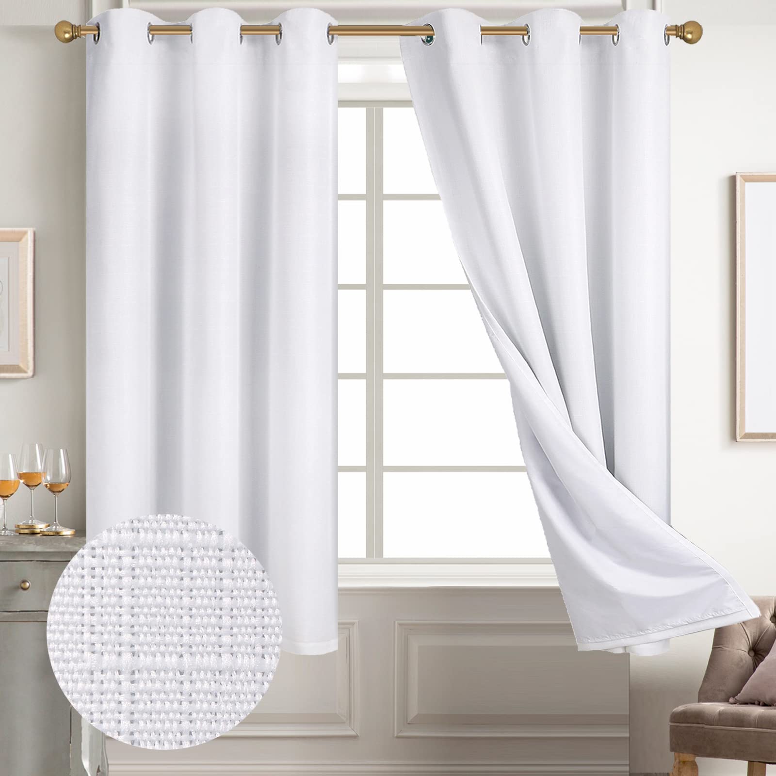 Diraysid 100% Blackout White Curtains Linen Curtains for Bedroom Grommet Thermal Insulated Room Darkening Drapes (2 Panels, W52 x L84 Inch)