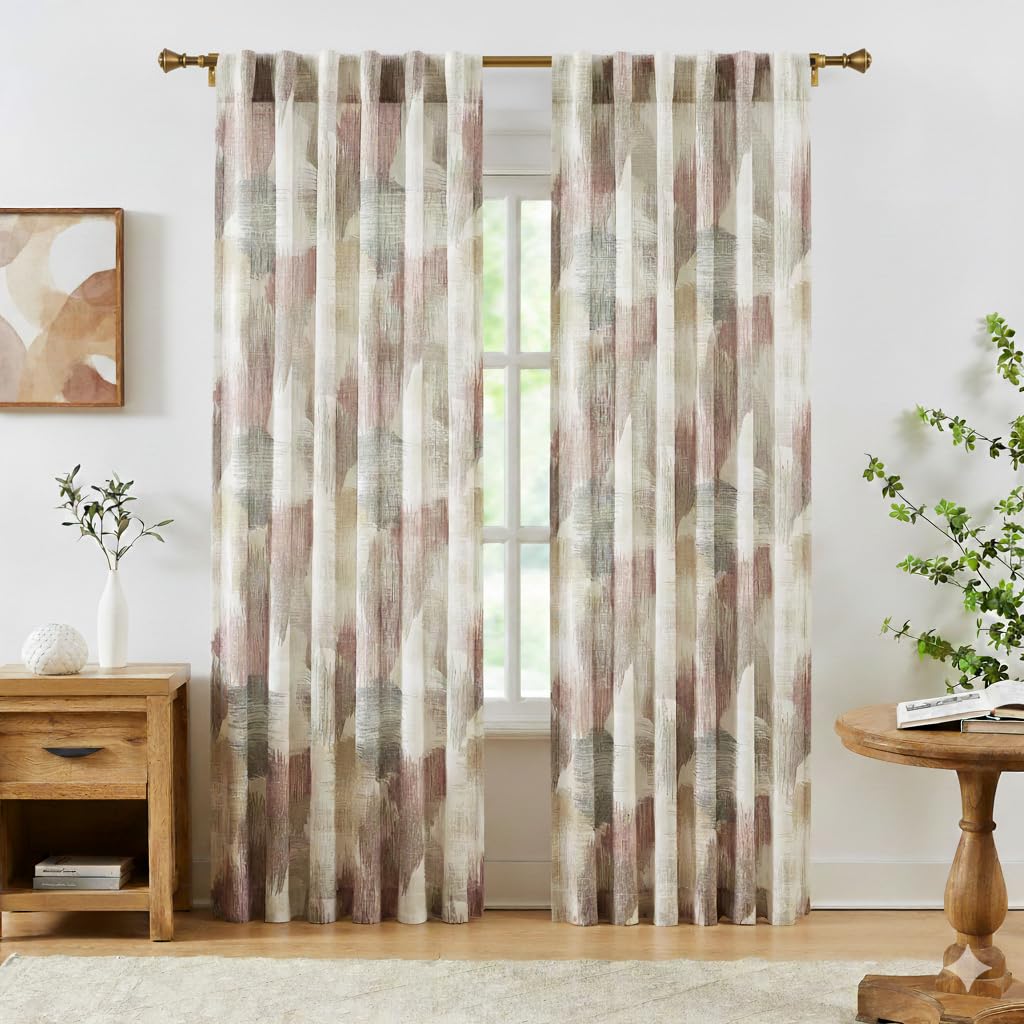 Kayne Studio Backtab Rod Pocket Jacobean Floral Semi Sheer Curtains Boho Botanical Leaf Printed Vintage Farmhouse Blue Grey Light Filtering Window Treatment Sets Living Room Bedroom,52"x84",2 Panels