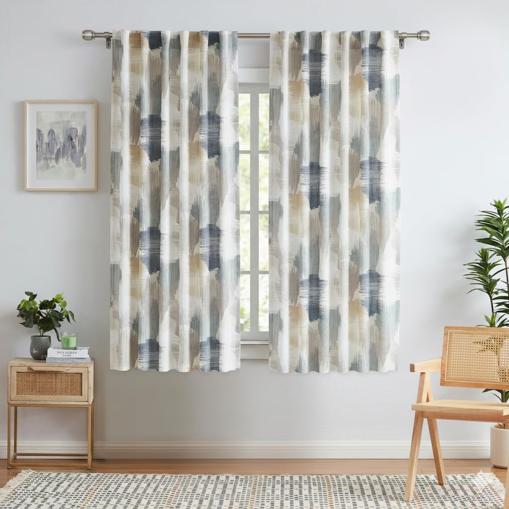 Kayne Studio Backtab Rod Pocket Jacobean Floral Semi Sheer Curtains Boho Botanical Leaf Printed Vintage Farmhouse Blue Grey Light Filtering Window Treatment Sets Living Room Bedroom,52"x84",2 Panels