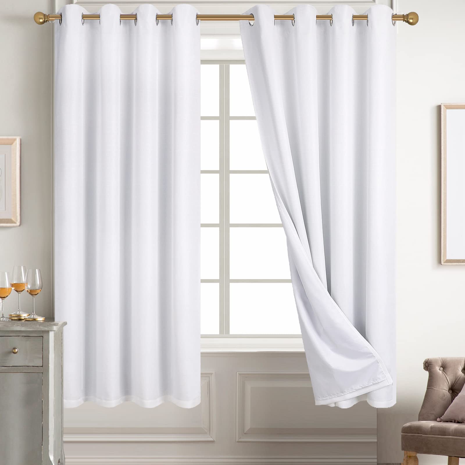 Diraysid 100% Blackout White Curtains Linen Curtains for Bedroom Grommet Thermal Insulated Room Darkening Drapes (2 Panels, W52 x L84 Inch)