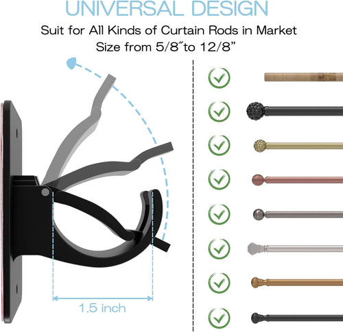 4 Pieces Self Adhesive Curtain Rod Bracket, Universal Plastic Curtain Rod Holders, No Drill Curtain Rod Brackets Curtain Rod Hooks for Bathroom, Bedroom, Livingroom, Kitchen (Black)