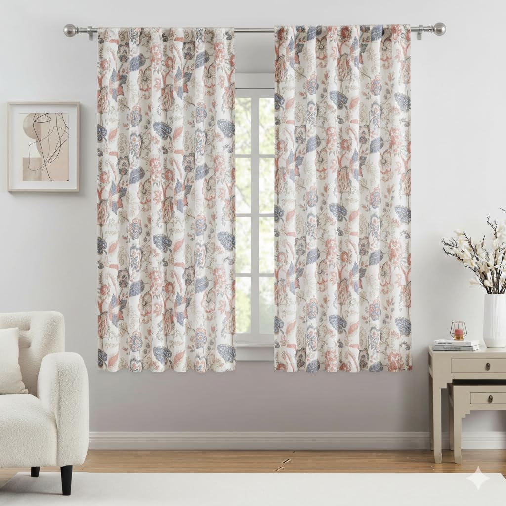Kayne Studio Backtab Rod Pocket Jacobean Floral Semi Sheer Curtains Boho Botanical Leaf Printed Vintage Farmhouse Blue Grey Light Filtering Window Treatment Sets Living Room Bedroom,52"x84",2 Panels