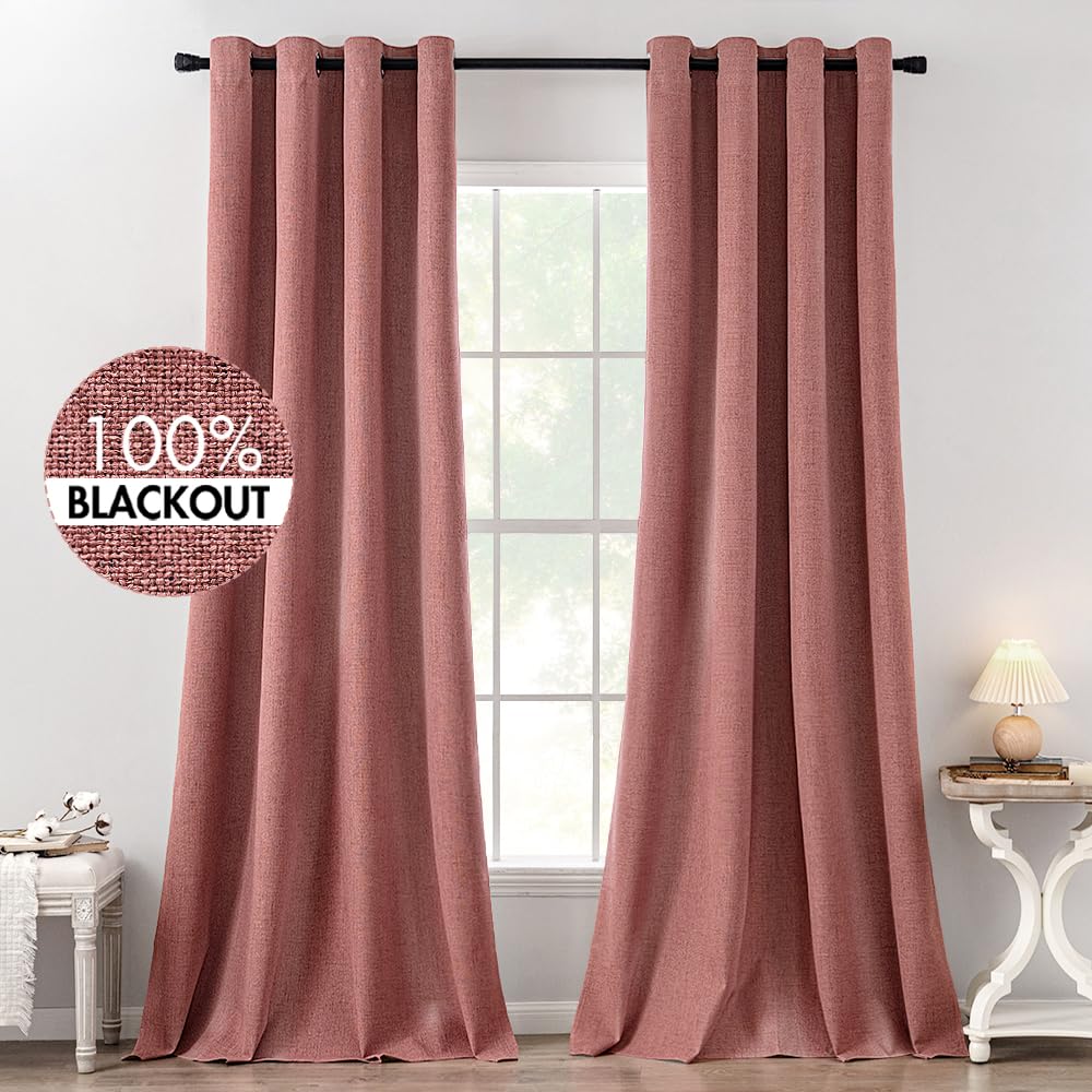 MIULEE 100% Blackout Linen Textured Curtains for Bedroom Solid Thermal Insulated Natural Beige Grommet Room Darkening Curtains & Drapes Luxury Decor for Living Room Nursery 52 x 84 Inch (2 Panels)