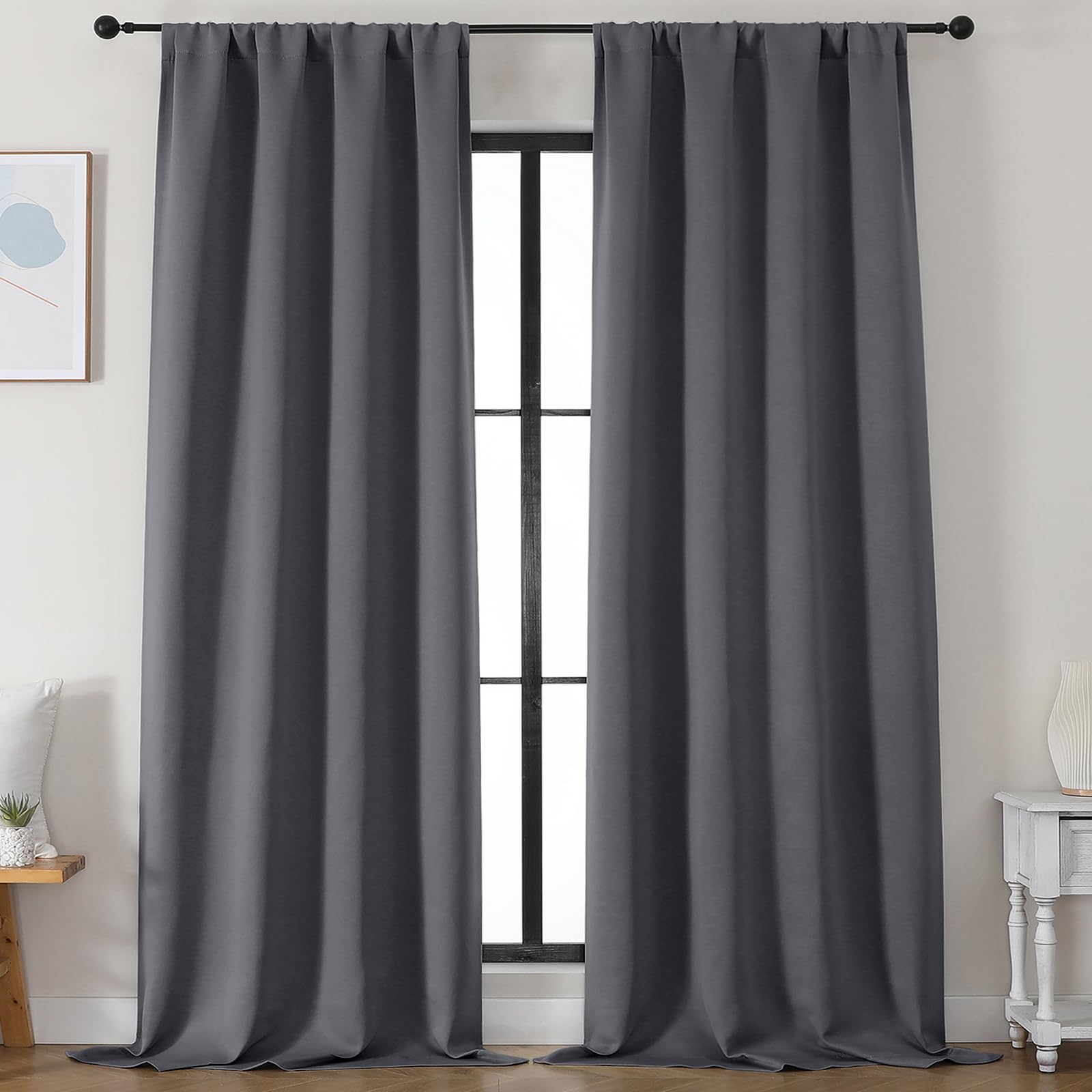 Simplebrand Ava Stone Blue Blackout Curtains for Bedroom 63 Inch Length 2 Panels, Solid Thermal Insulated Energy Saving Rod Pocket Window Treatment Curtains Blackout Drapes, W40 x L63 Inch, Stone Blue