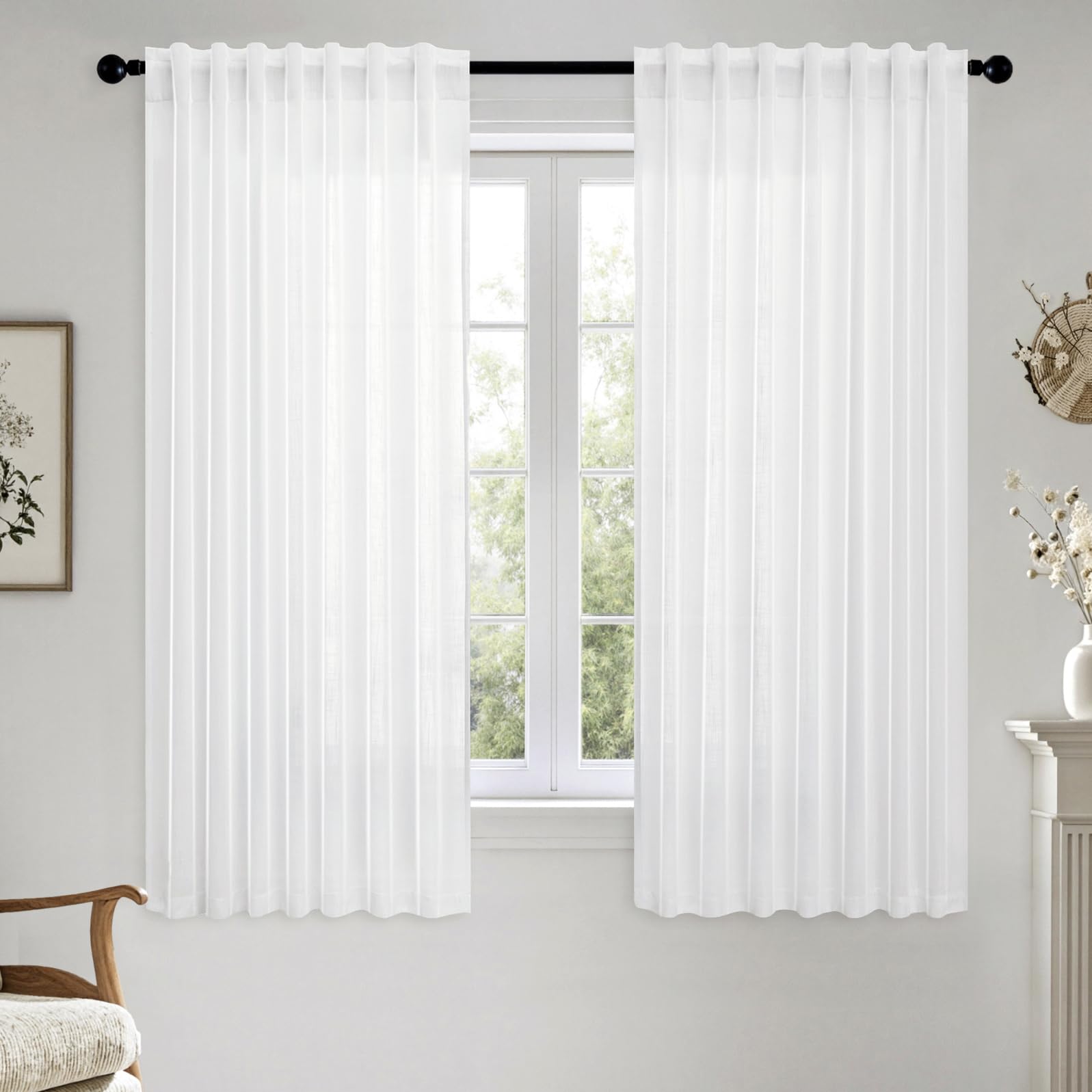 MIULEE Natural White Linen Curtains 84 Inch Long for Bedroom Living Room, Soft Thick Linen Textured Window Drapes Semi Sheer Light Filtering Rod Pocket Back Tab Neutral Farmhouse Cream Ivory 2 Panels