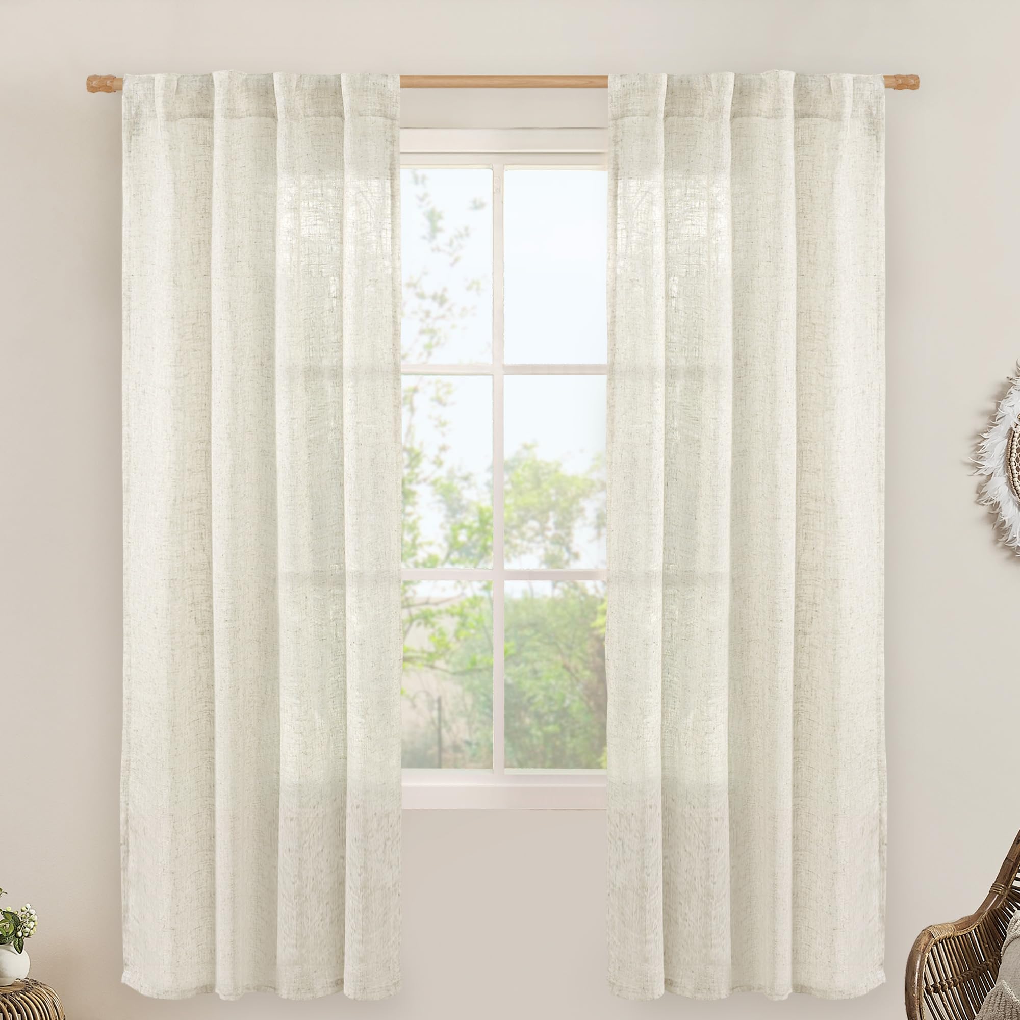 LAMIT Natural Ivory Semi Sheer Linen Curtains 84 inch Long, Cream White Light Filtering Living Room Panels Back Tab and Rod Pocket Neutral Drapes for Bedroom/Farmhouse, 2 Panels, 52 x 84 Inch