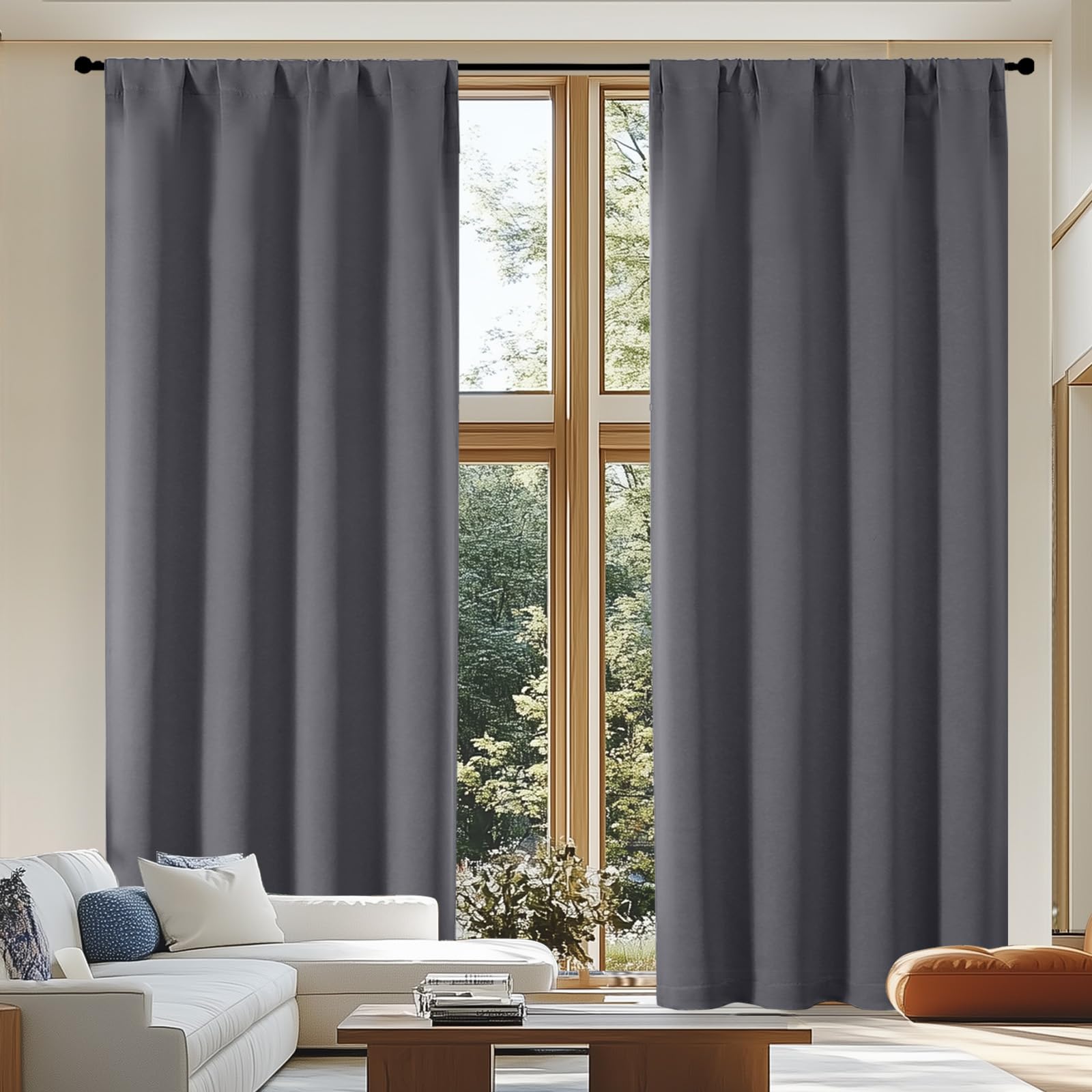 Simplebrand Ava Stone Blue Blackout Curtains for Bedroom 63 Inch Length 2 Panels, Solid Thermal Insulated Energy Saving Rod Pocket Window Treatment Curtains Blackout Drapes, W40 x L63 Inch, Stone Blue