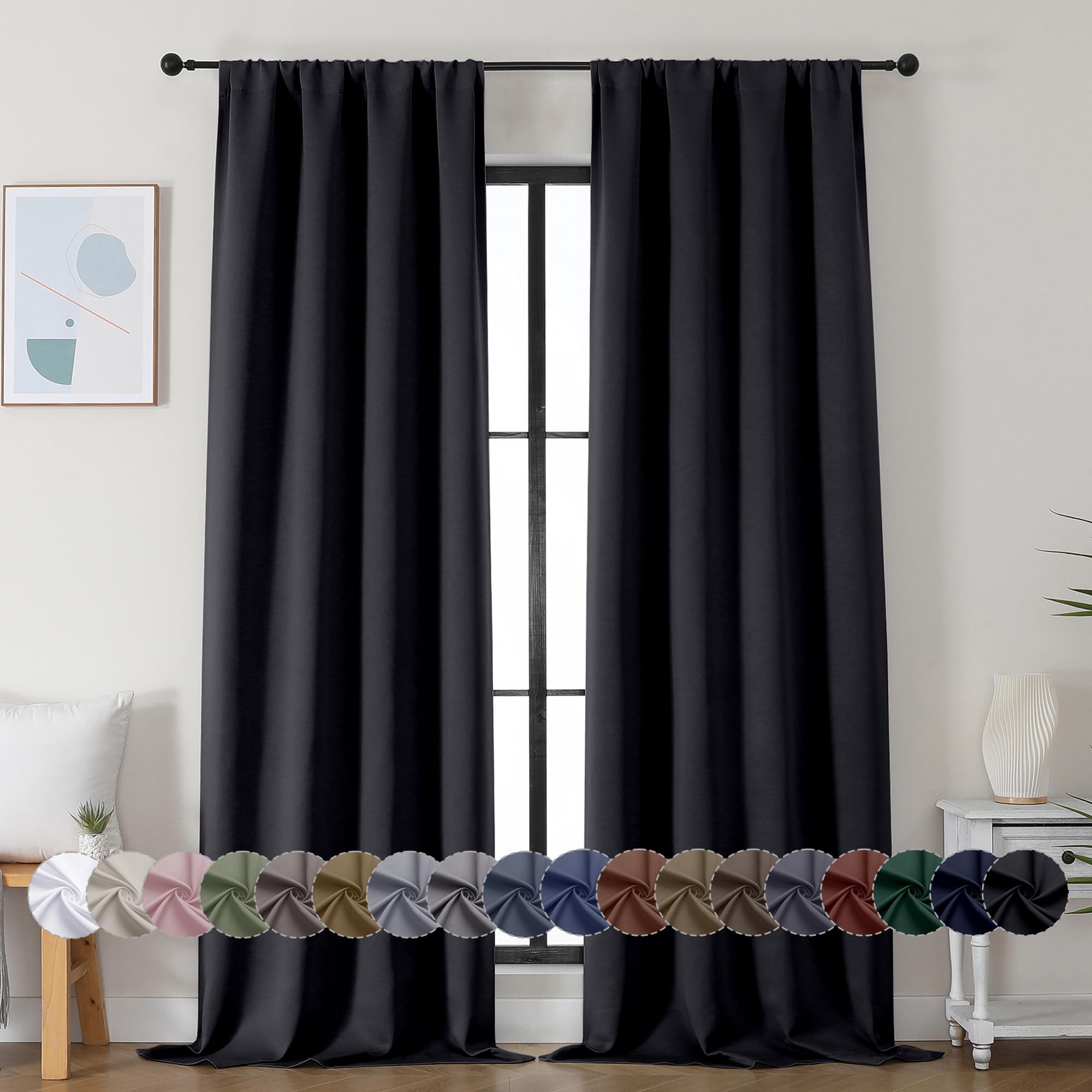 Simplebrand Ava Stone Blue Blackout Curtains for Bedroom 63 Inch Length 2 Panels, Solid Thermal Insulated Energy Saving Rod Pocket Window Treatment Curtains Blackout Drapes, W40 x L63 Inch, Stone Blue