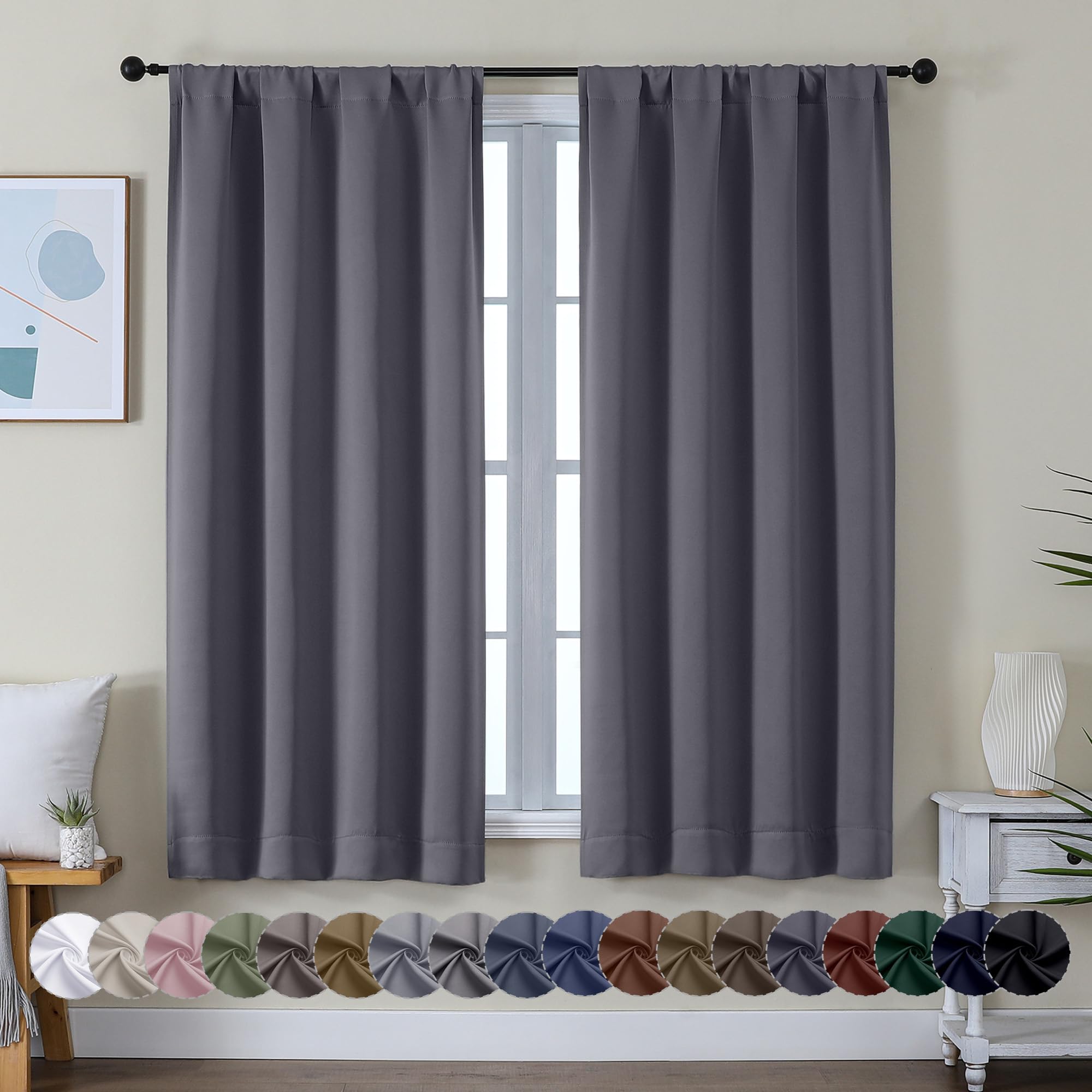 Simplebrand Ava Stone Blue Blackout Curtains for Bedroom 63 Inch Length 2 Panels, Solid Thermal Insulated Energy Saving Rod Pocket Window Treatment Curtains Blackout Drapes, W40 x L63 Inch, Stone Blue