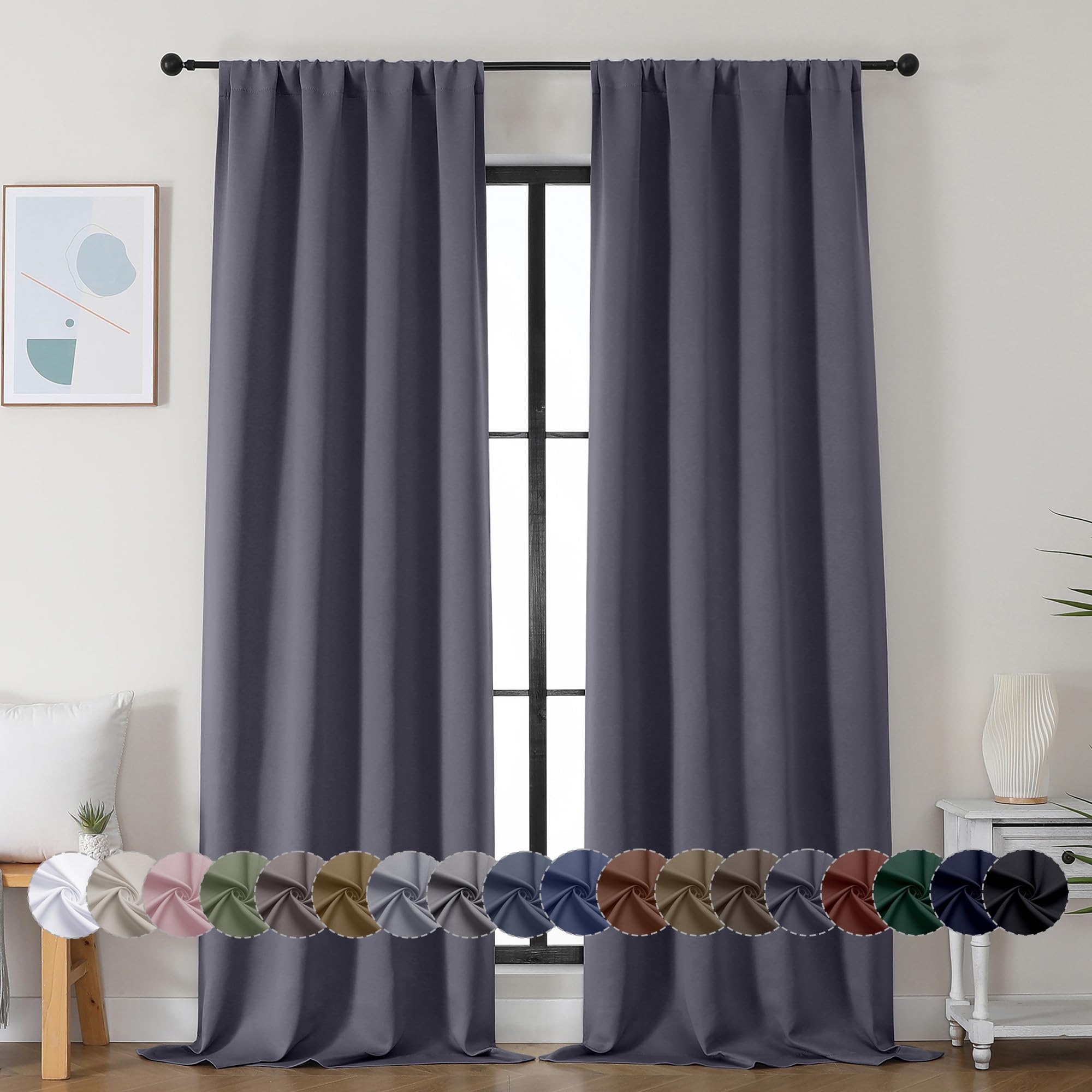 Simplebrand Ava Stone Blue Blackout Curtains for Bedroom 63 Inch Length 2 Panels, Solid Thermal Insulated Energy Saving Rod Pocket Window Treatment Curtains Blackout Drapes, W40 x L63 Inch, Stone Blue