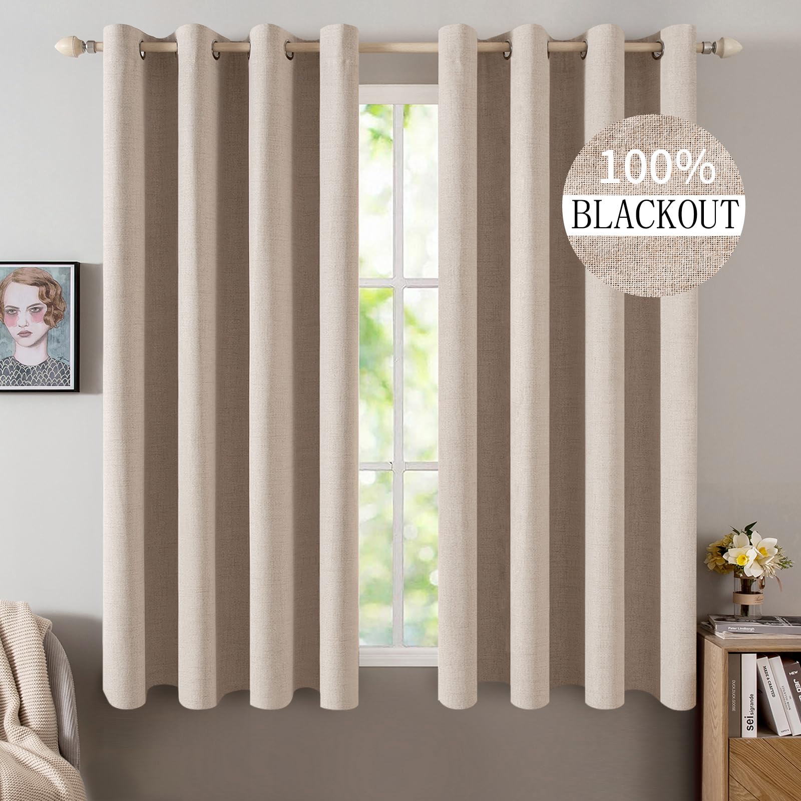 MIULEE 100% Blackout Linen Textured Curtains for Bedroom Solid Thermal Insulated Natural Beige Grommet Room Darkening Curtains & Drapes Luxury Decor for Living Room Nursery 52 x 84 Inch (2 Panels)