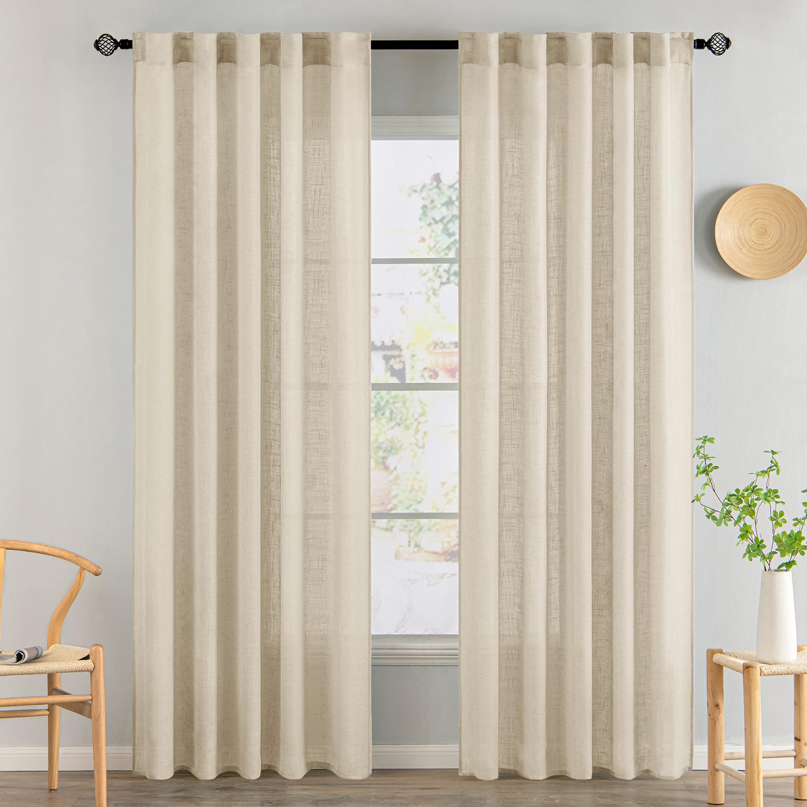 MIULEE Natural White Linen Curtains 84 Inch Long for Bedroom Living Room, Soft Thick Linen Textured Window Drapes Semi Sheer Light Filtering Rod Pocket Back Tab Neutral Farmhouse Cream Ivory 2 Panels