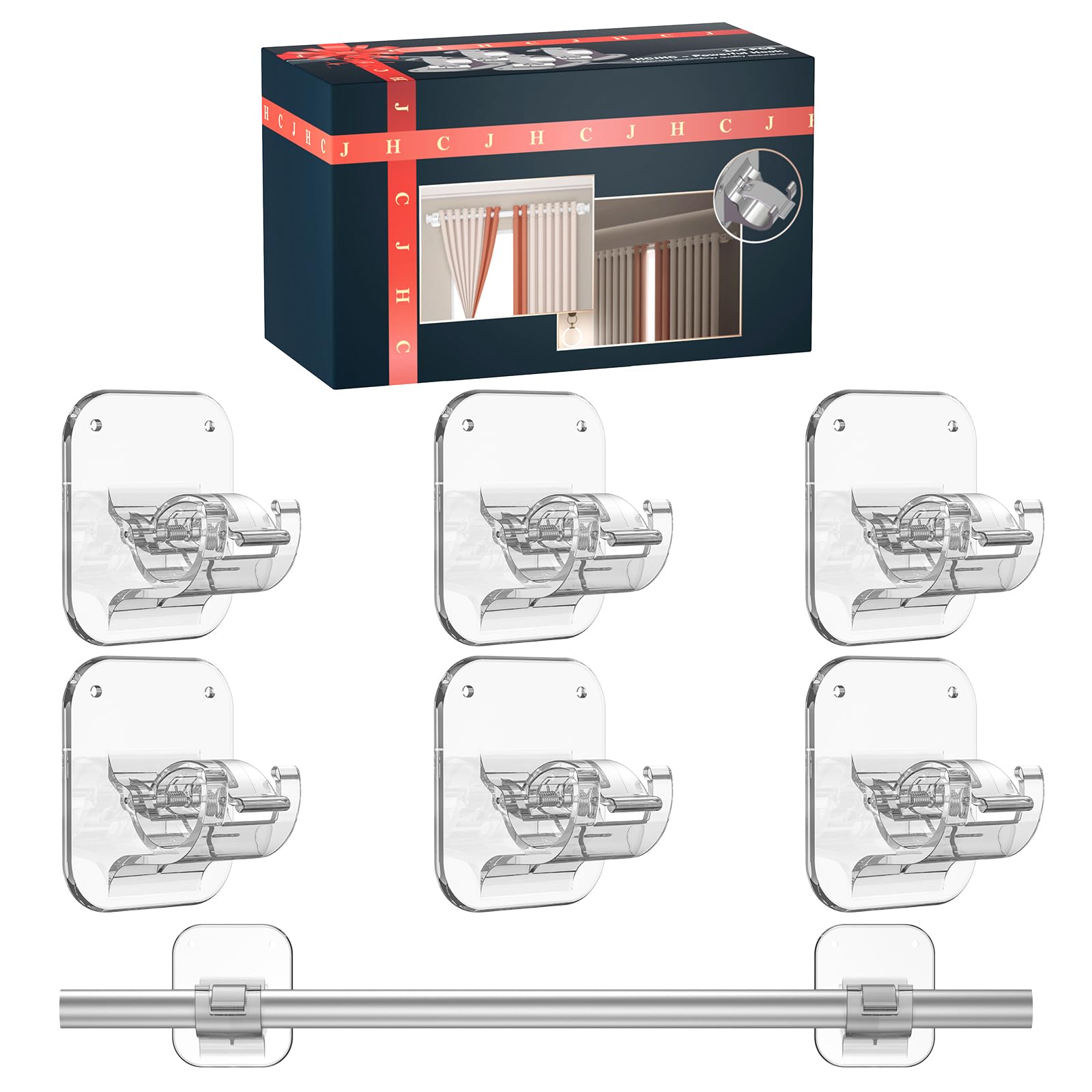 No Drill Curtain Rod Brackets No Drilling Holder 40LB - Renter Friendly Self Adhesive Hooks for Apartment Dorm Classroom Essentials Decor Hanging Drapes Rv Over Blinds Kitchen Bedroom Home