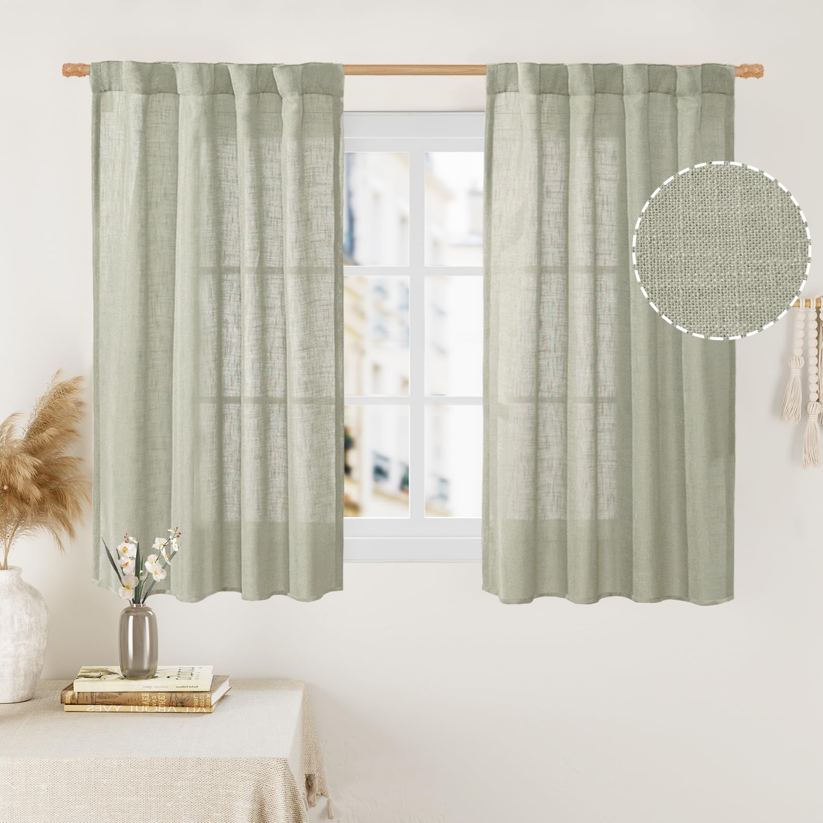 LAMIT Natural Ivory Semi Sheer Linen Curtains 84 inch Long, Cream White Light Filtering Living Room Panels Back Tab and Rod Pocket Neutral Drapes for Bedroom/Farmhouse, 2 Panels, 52 x 84 Inch