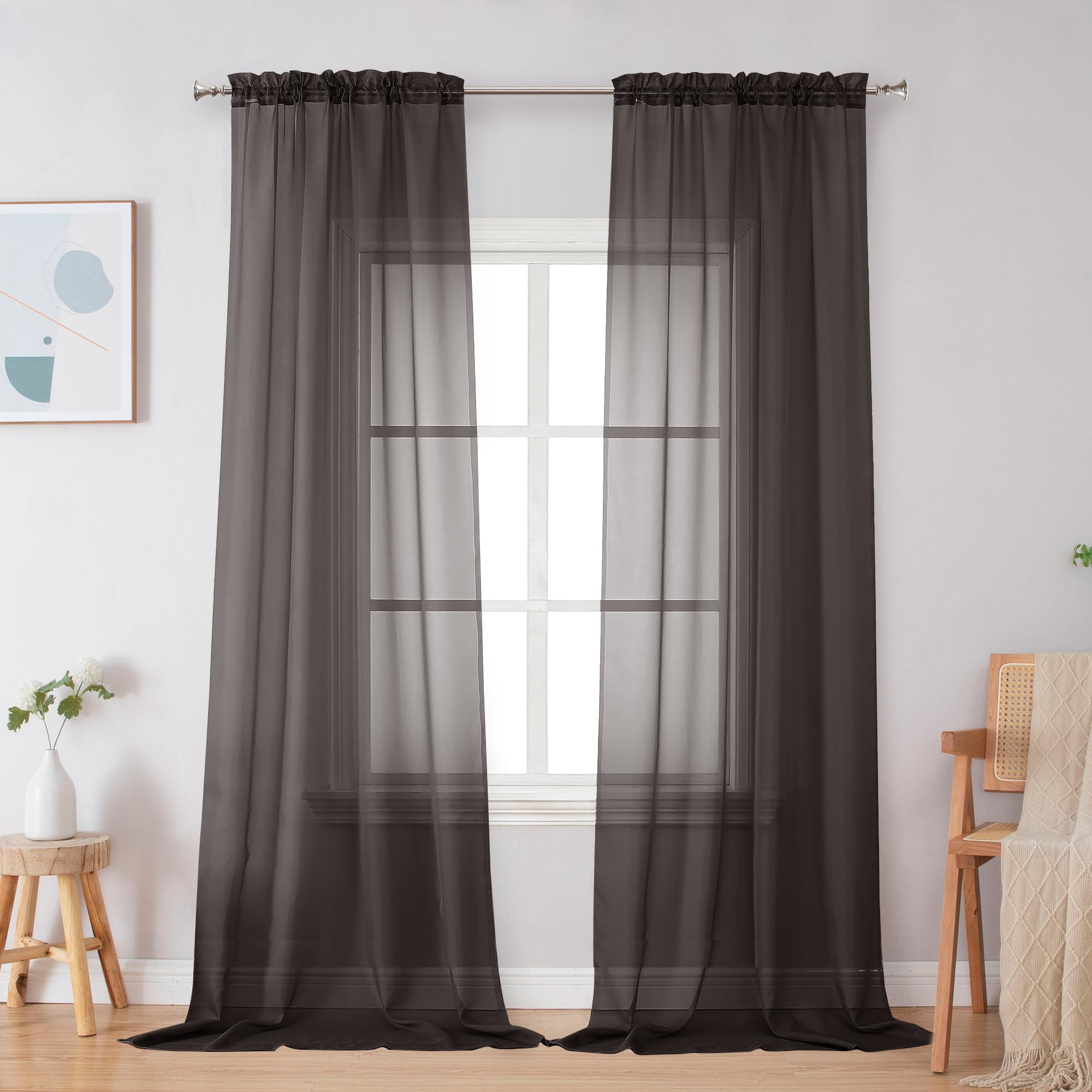 Simplebrand Black Sheer Curtains 84 Inches Long, Light Filtering Rod Pocket Solid Color Window Sheer Curtain Panels, Elegant Curtains & Drapes for Living Room, Bedroom 2 Panels (Black, 42" W x 84" L)