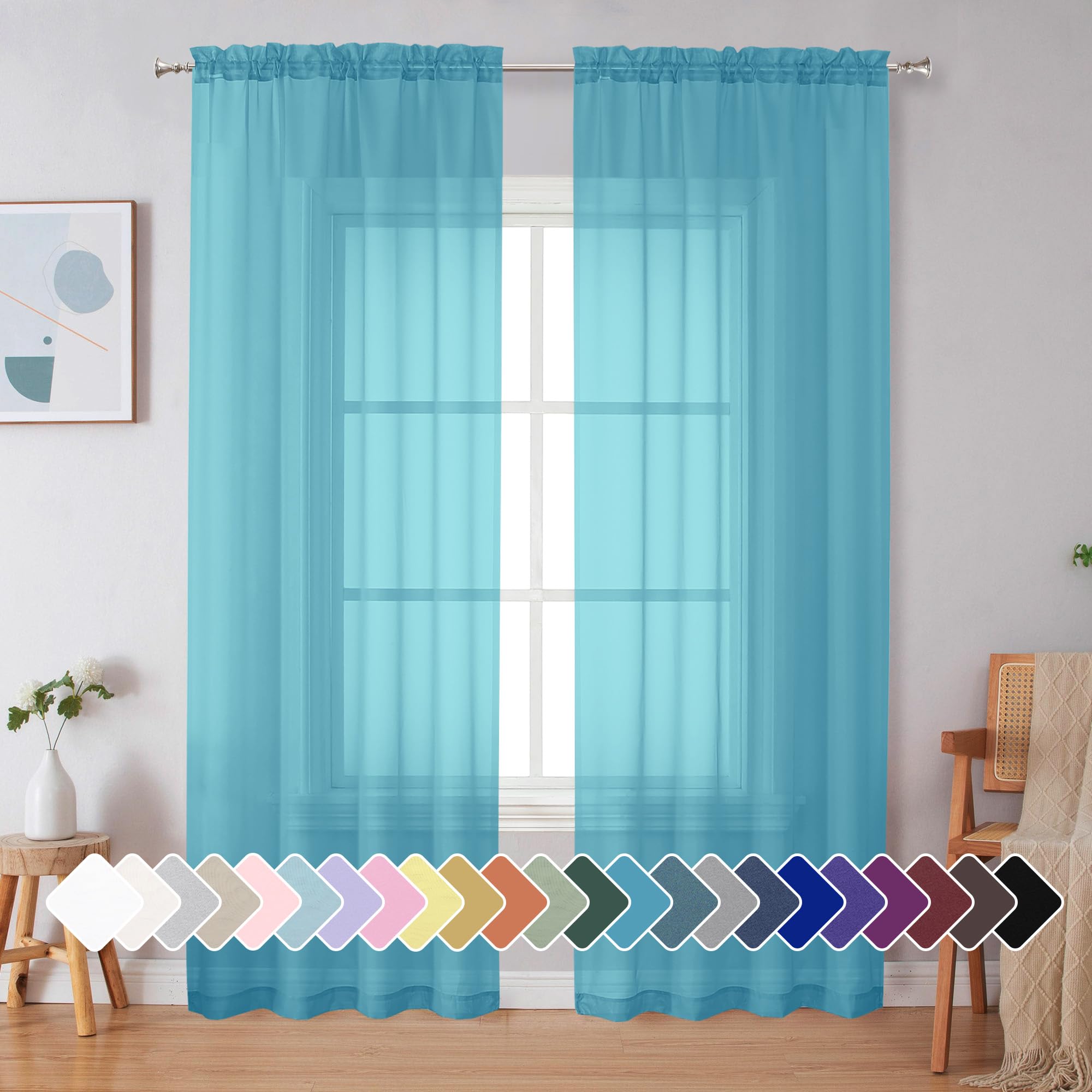 Simplebrand Black Sheer Curtains 84 Inches Long, Light Filtering Rod Pocket Solid Color Window Sheer Curtain Panels, Elegant Curtains & Drapes for Living Room, Bedroom 2 Panels (Black, 42" W x 84" L)