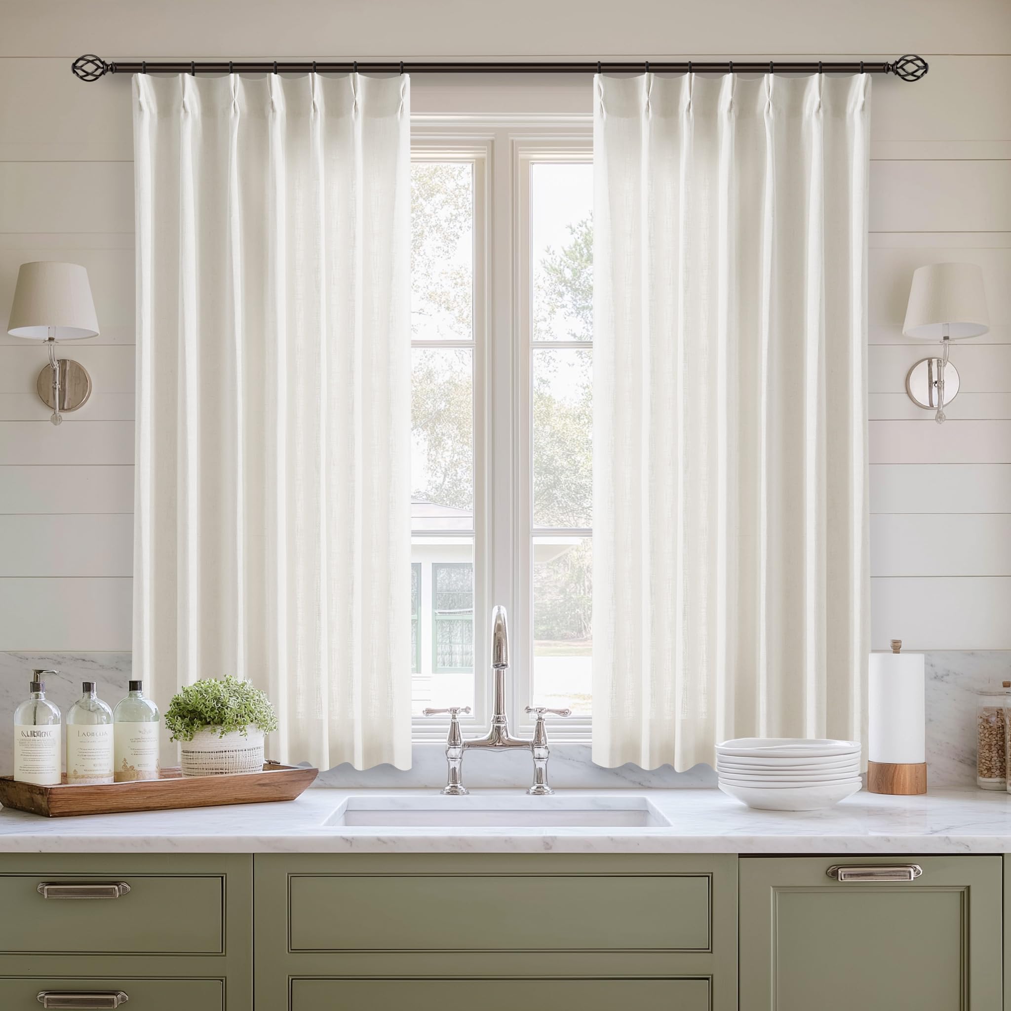 Natural Pinch Pleated Linen Curtains 84 Inch Length 2 Panels for Living Room Bedroom Textured Cream Ivory Birch Semi Sheer Boho Neutral Back Tab Pinch Pleat Hooks Rings Window Curtain 84 Inches Long