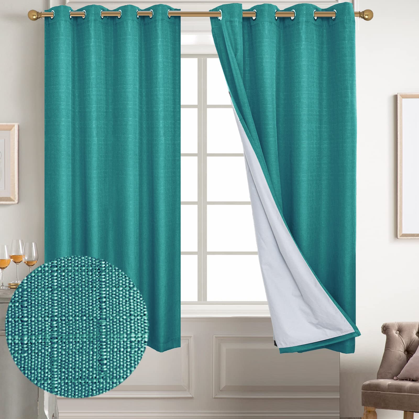 Diraysid 100% Blackout White Curtains Linen Curtains for Bedroom Grommet Thermal Insulated Room Darkening Drapes (2 Panels, W52 x L84 Inch)