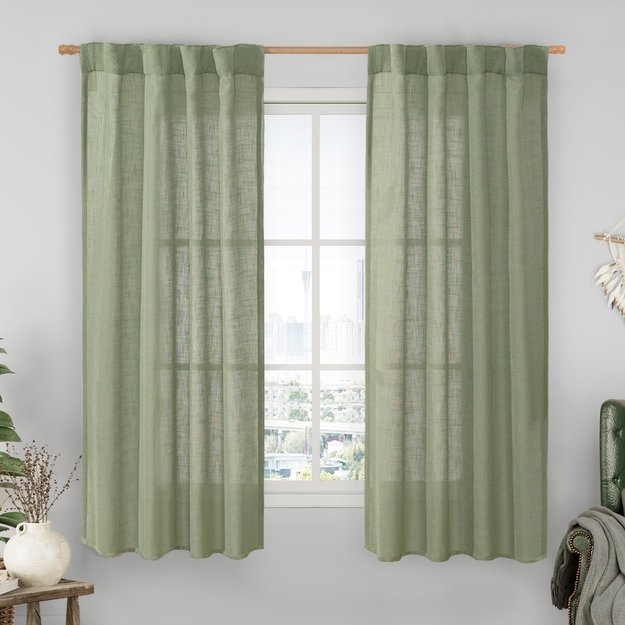 LAMIT Natural Ivory Semi Sheer Linen Curtains 84 inch Long, Cream White Light Filtering Living Room Panels Back Tab and Rod Pocket Neutral Drapes for Bedroom/Farmhouse, 2 Panels, 52 x 84 Inch