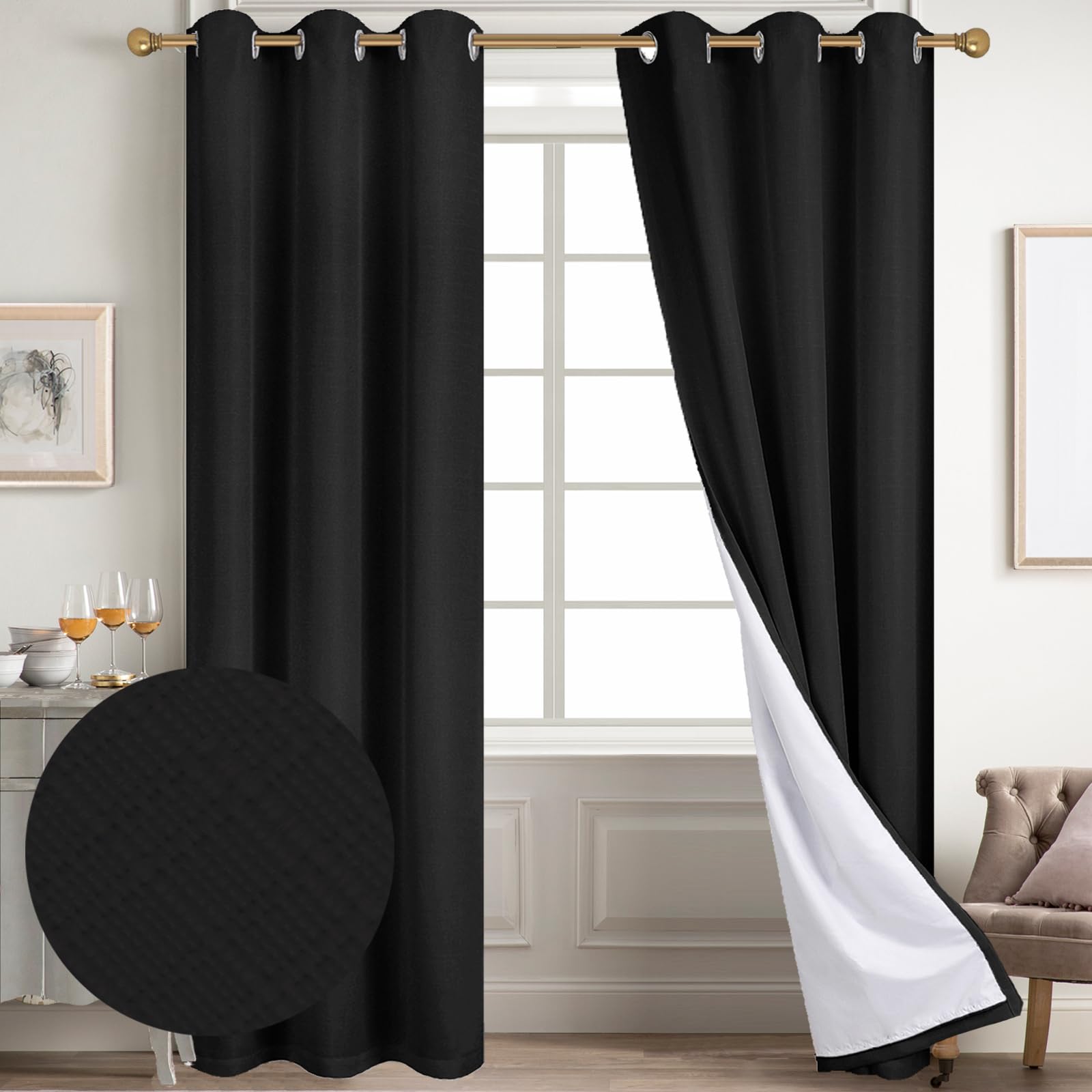 Diraysid 100% Blackout White Curtains Linen Curtains for Bedroom Grommet Thermal Insulated Room Darkening Drapes (2 Panels, W52 x L84 Inch)