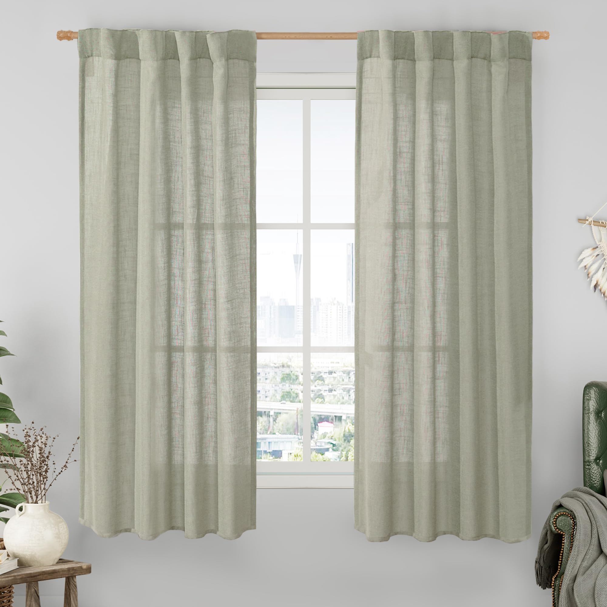 LAMIT Natural Ivory Semi Sheer Linen Curtains 84 inch Long, Cream White Light Filtering Living Room Panels Back Tab and Rod Pocket Neutral Drapes for Bedroom/Farmhouse, 2 Panels, 52 x 84 Inch
