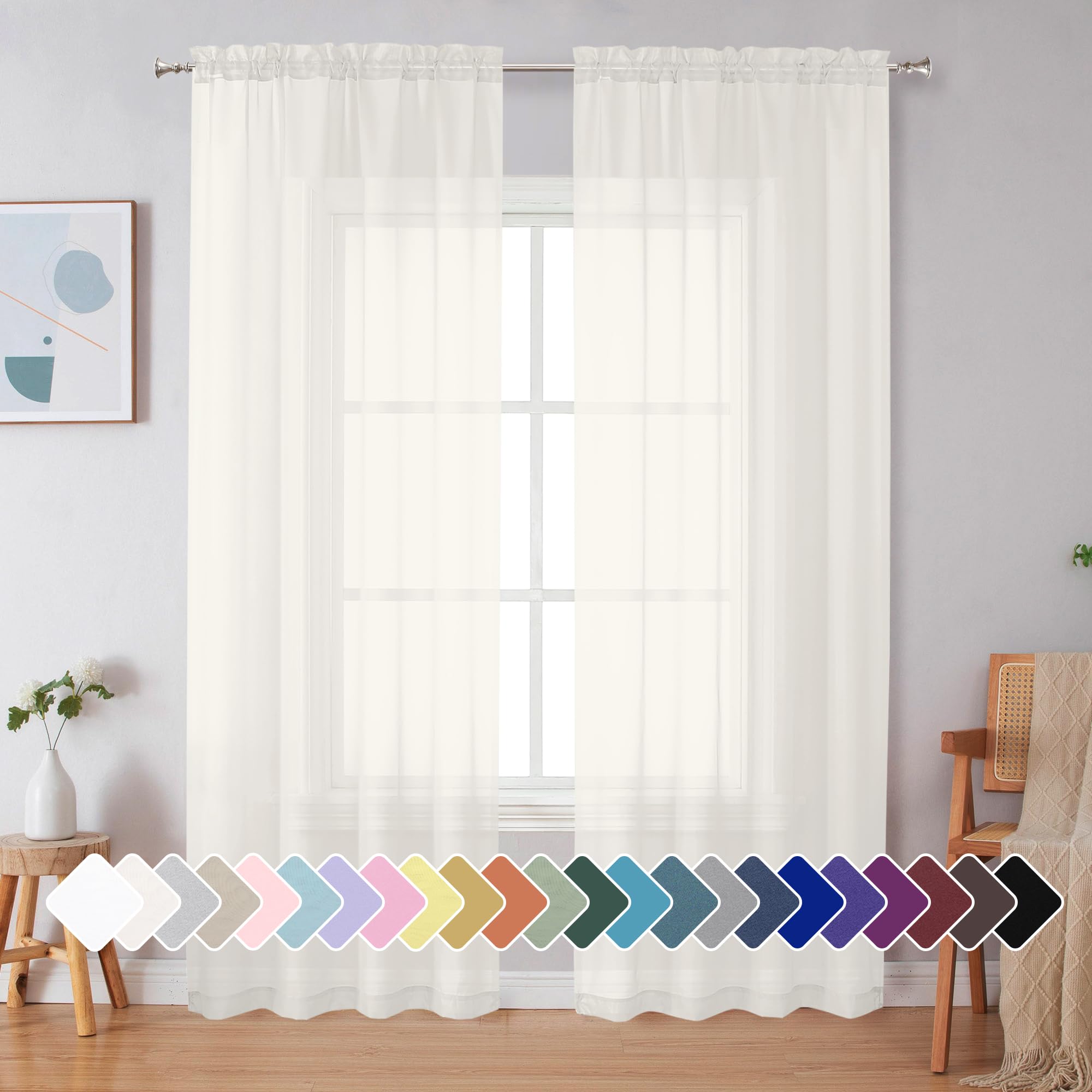 Simplebrand Black Sheer Curtains 84 Inches Long, Light Filtering Rod Pocket Solid Color Window Sheer Curtain Panels, Elegant Curtains & Drapes for Living Room, Bedroom 2 Panels (Black, 42" W x 84" L)