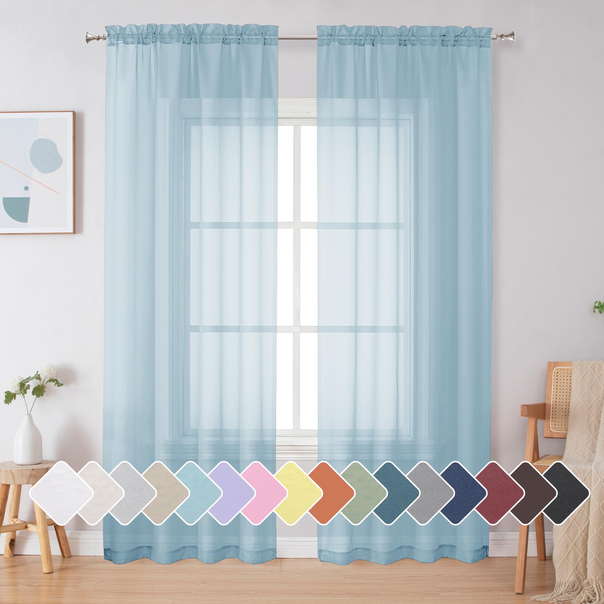 Simplebrand Black Sheer Curtains 84 Inches Long, Light Filtering Rod Pocket Solid Color Window Sheer Curtain Panels, Elegant Curtains & Drapes for Living Room, Bedroom 2 Panels (Black, 42" W x 84" L)