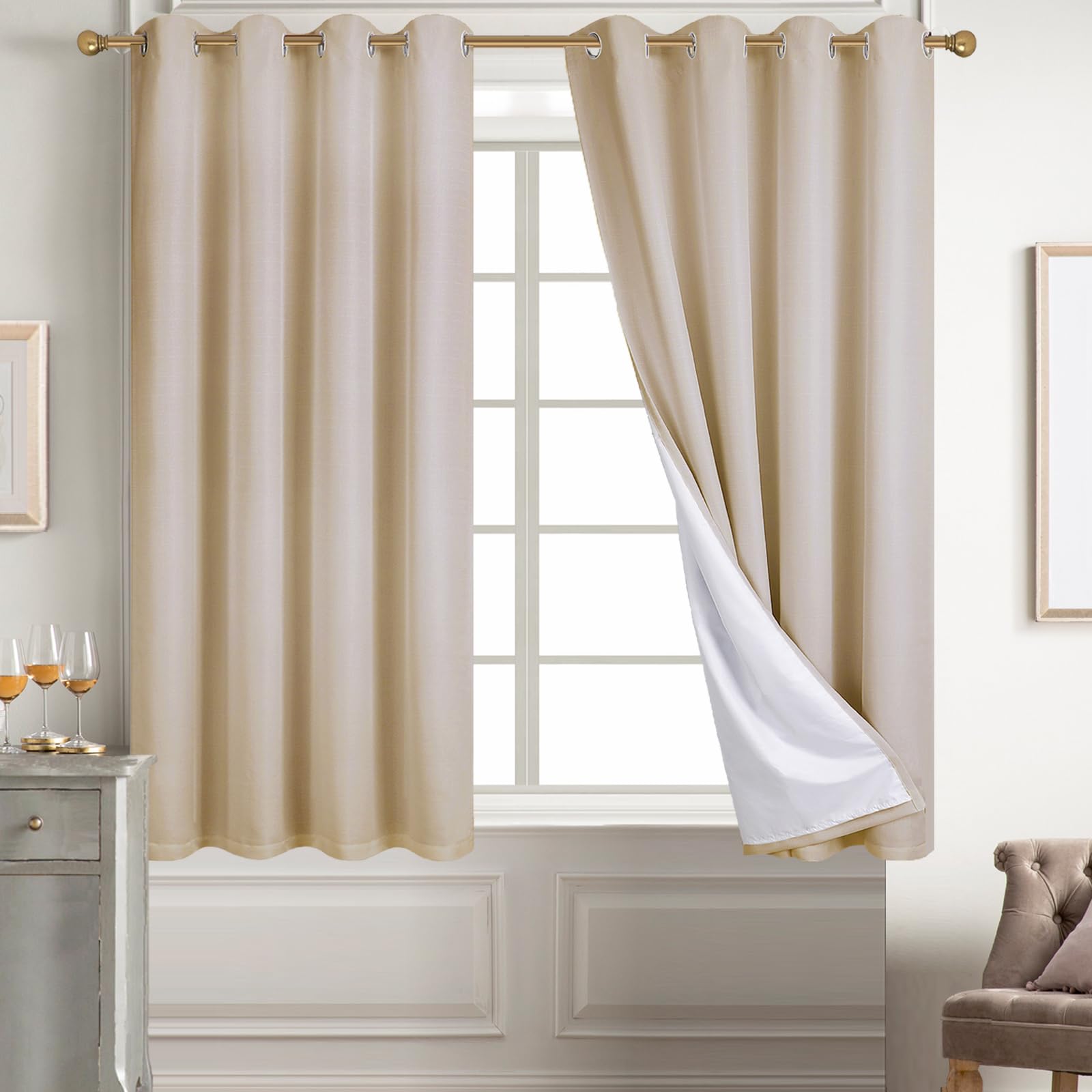 Diraysid 100% Blackout White Curtains Linen Curtains for Bedroom Grommet Thermal Insulated Room Darkening Drapes (2 Panels, W52 x L84 Inch)