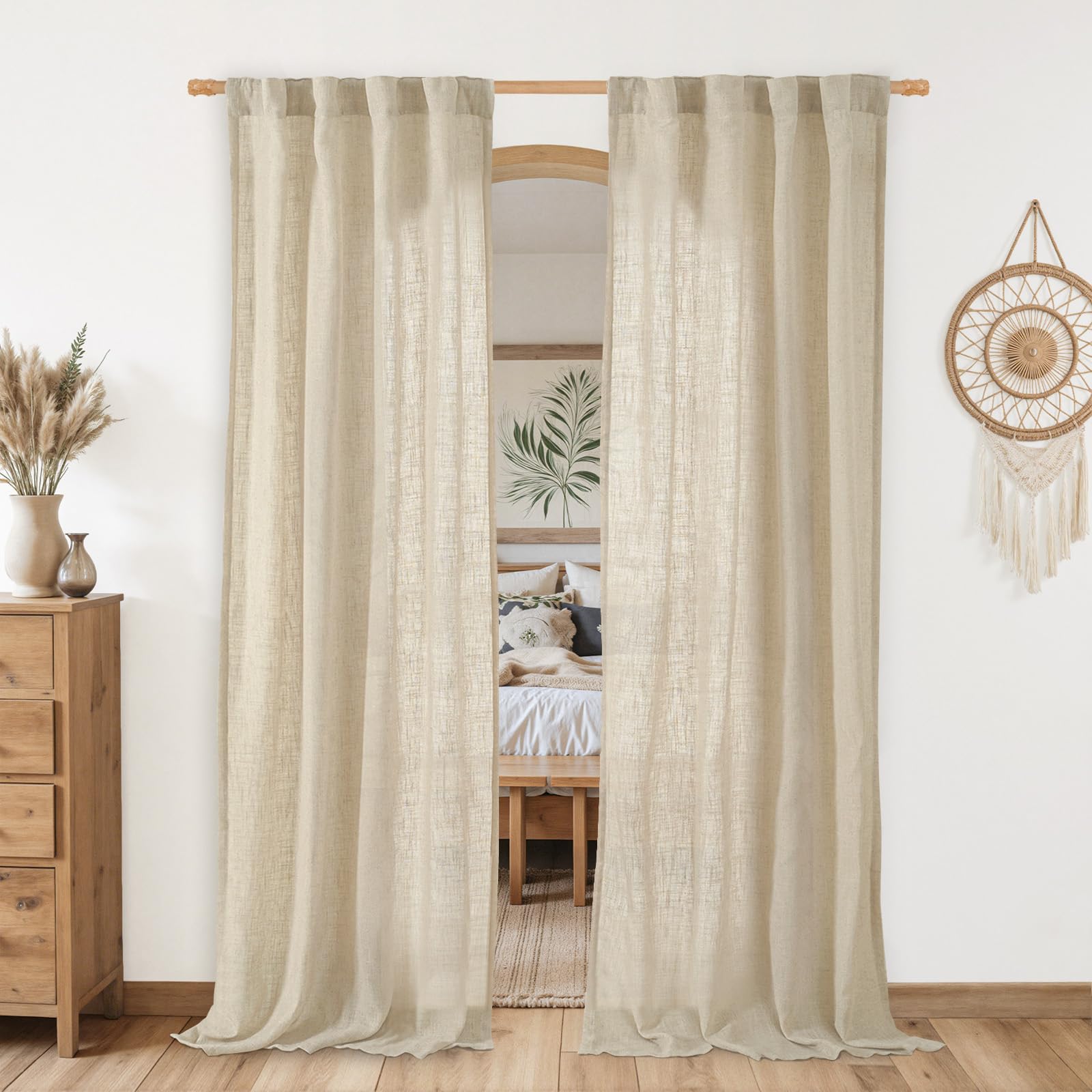 LAMIT Natural Ivory Semi Sheer Linen Curtains 84 inch Long, Cream White Light Filtering Living Room Panels Back Tab and Rod Pocket Neutral Drapes for Bedroom/Farmhouse, 2 Panels, 52 x 84 Inch