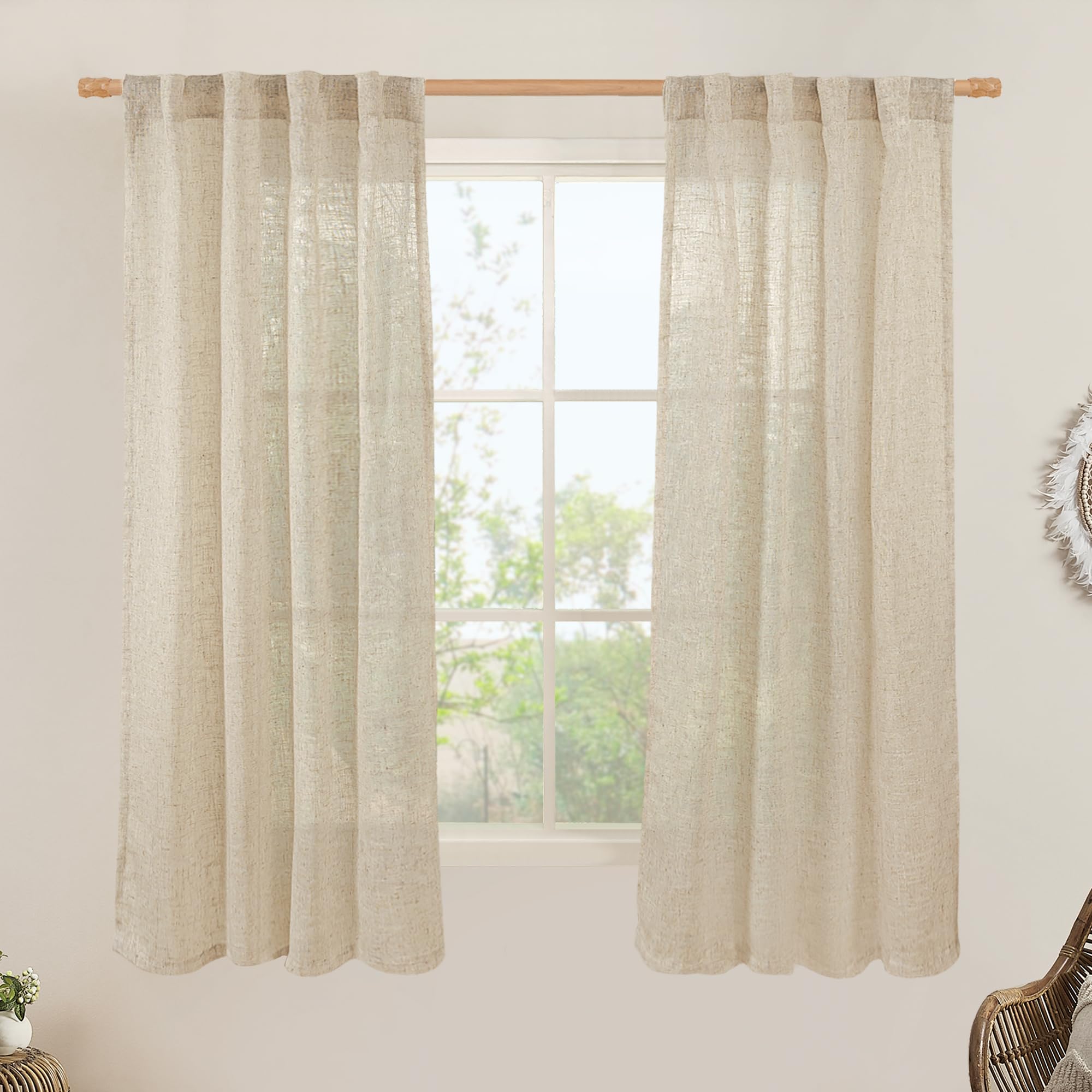 LAMIT Natural Ivory Semi Sheer Linen Curtains 84 inch Long, Cream White Light Filtering Living Room Panels Back Tab and Rod Pocket Neutral Drapes for Bedroom/Farmhouse, 2 Panels, 52 x 84 Inch