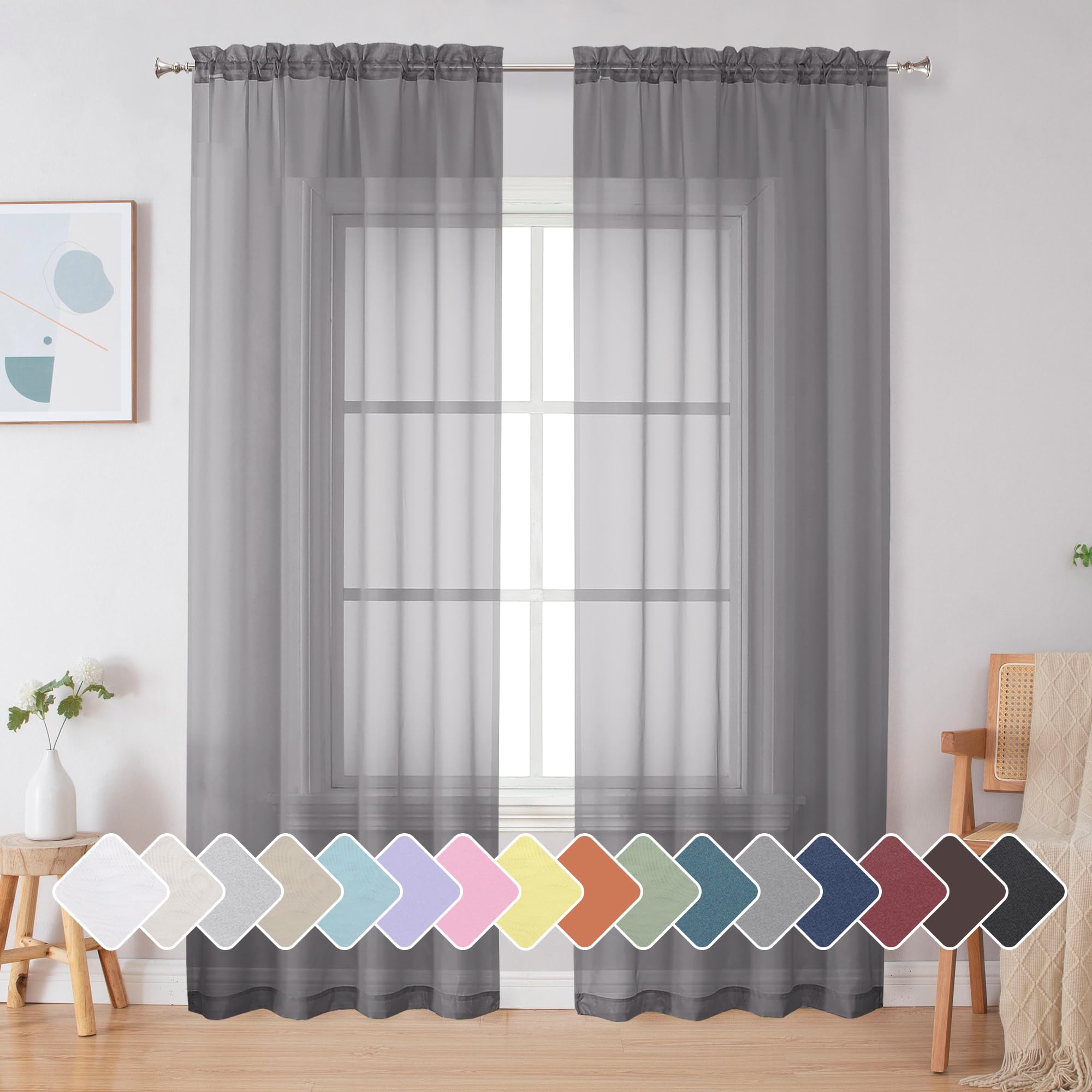 Simplebrand Black Sheer Curtains 84 Inches Long, Light Filtering Rod Pocket Solid Color Window Sheer Curtain Panels, Elegant Curtains & Drapes for Living Room, Bedroom 2 Panels (Black, 42" W x 84" L)