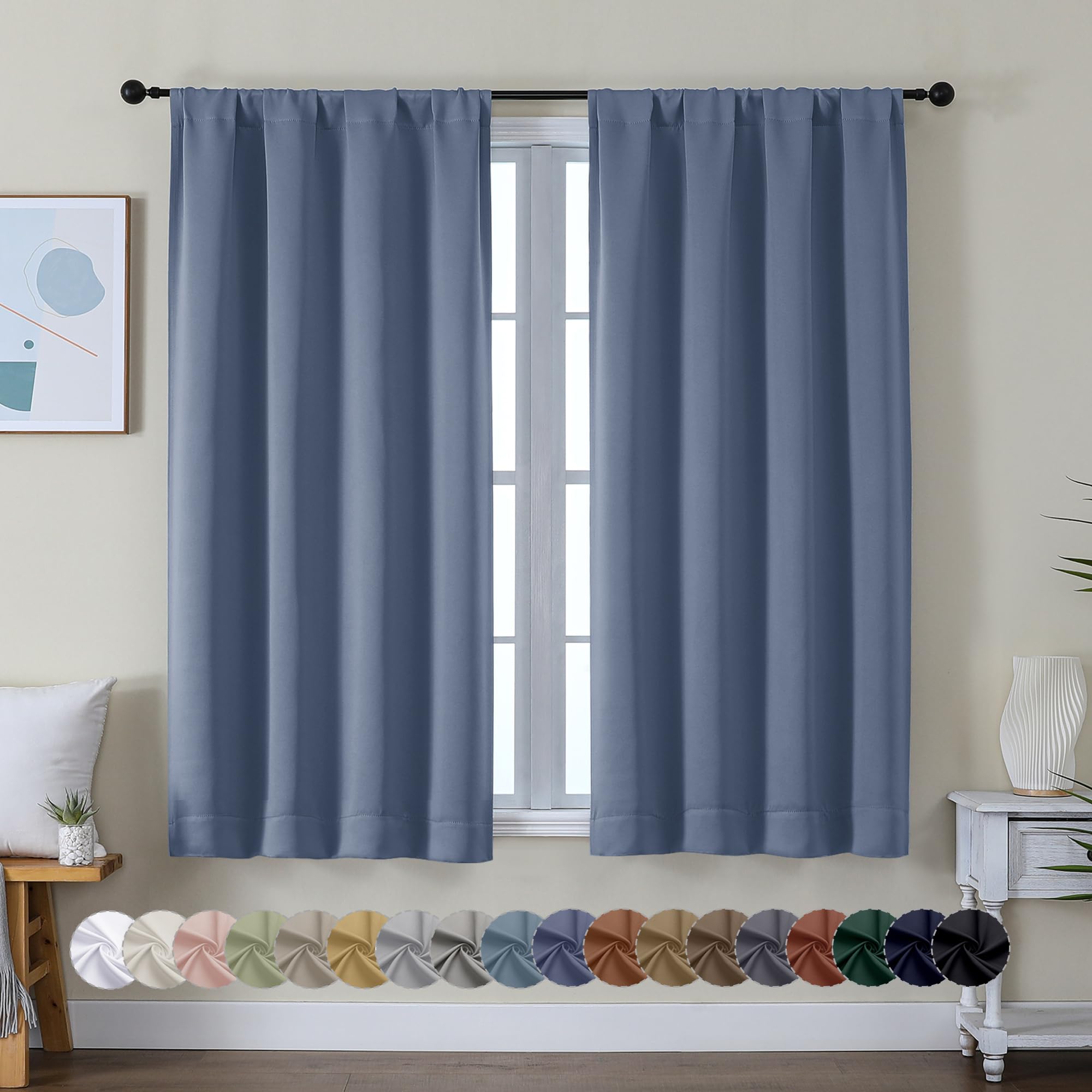 Simplebrand Ava Stone Blue Blackout Curtains for Bedroom 63 Inch Length 2 Panels, Solid Thermal Insulated Energy Saving Rod Pocket Window Treatment Curtains Blackout Drapes, W40 x L63 Inch, Stone Blue