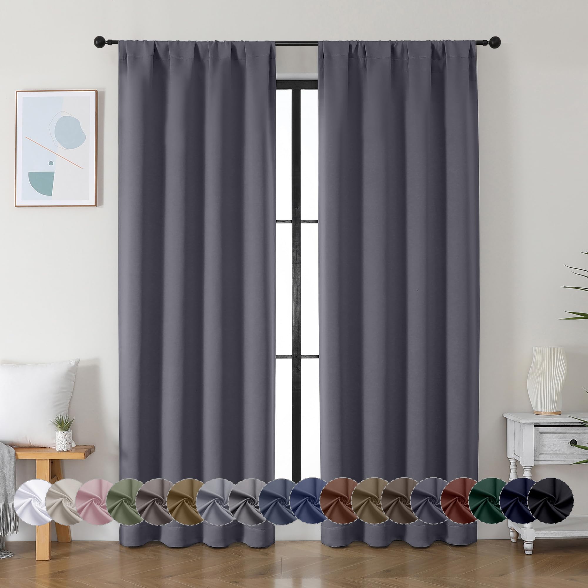 Simplebrand Ava Stone Blue Blackout Curtains for Bedroom 63 Inch Length 2 Panels, Solid Thermal Insulated Energy Saving Rod Pocket Window Treatment Curtains Blackout Drapes, W40 x L63 Inch, Stone Blue