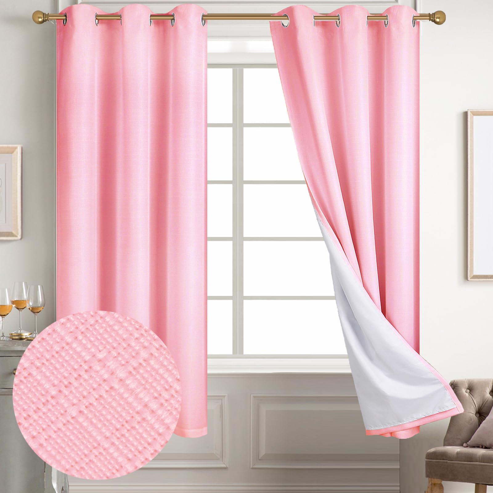 Diraysid 100% Blackout White Curtains Linen Curtains for Bedroom Grommet Thermal Insulated Room Darkening Drapes (2 Panels, W52 x L84 Inch)