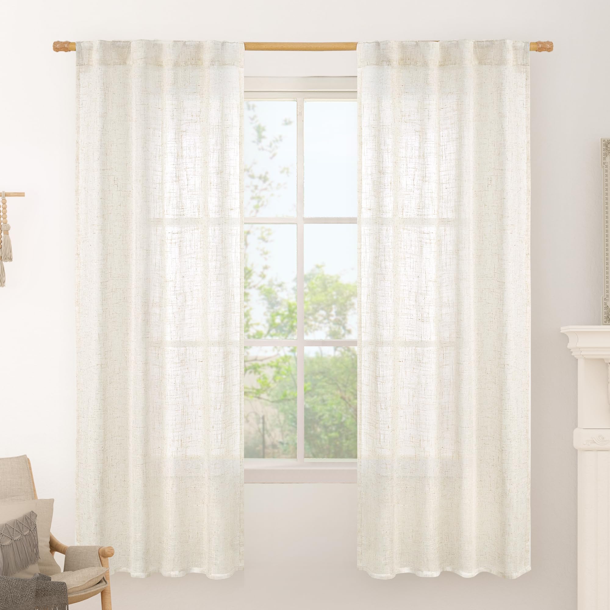 LAMIT Natural Ivory Semi Sheer Linen Curtains 84 inch Long, Cream White Light Filtering Living Room Panels Back Tab and Rod Pocket Neutral Drapes for Bedroom/Farmhouse, 2 Panels, 52 x 84 Inch