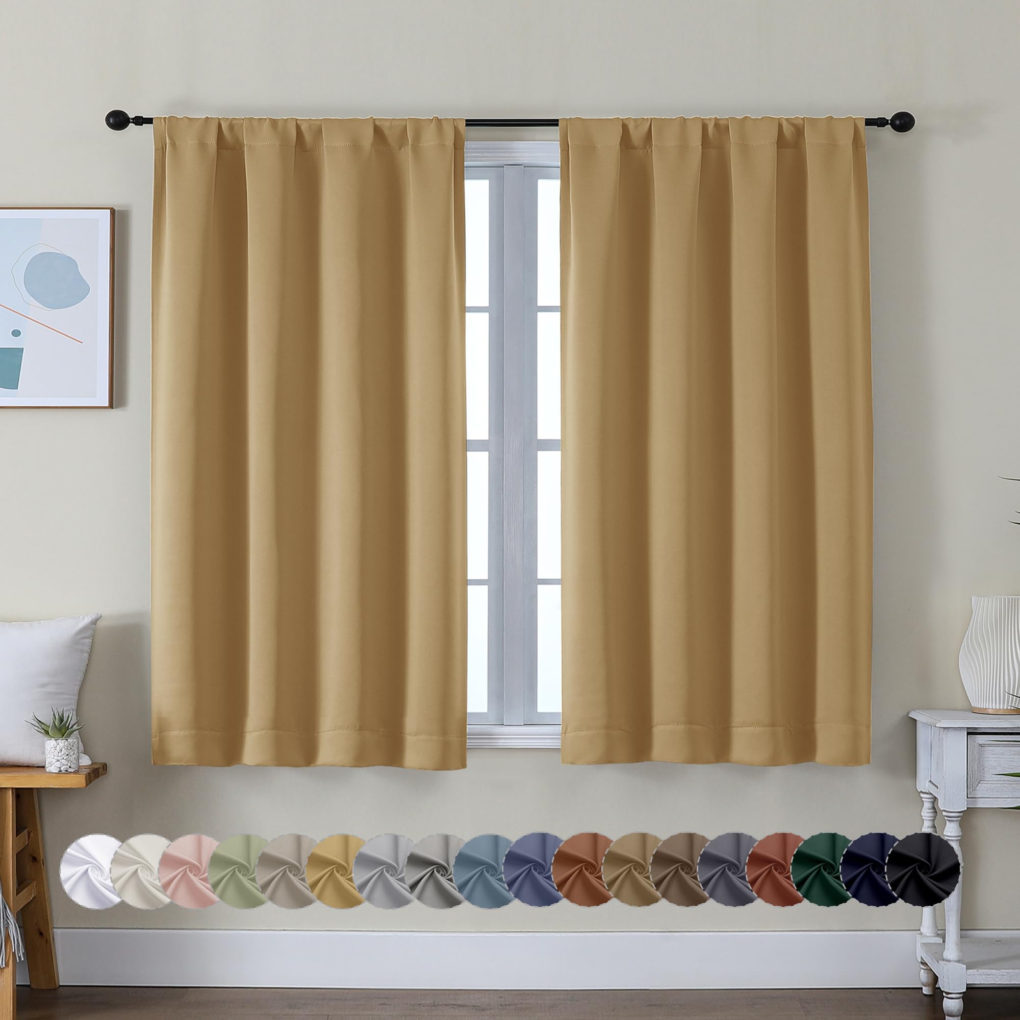 Simplebrand Ava Stone Blue Blackout Curtains for Bedroom 63 Inch Length 2 Panels, Solid Thermal Insulated Energy Saving Rod Pocket Window Treatment Curtains Blackout Drapes, W40 x L63 Inch, Stone Blue