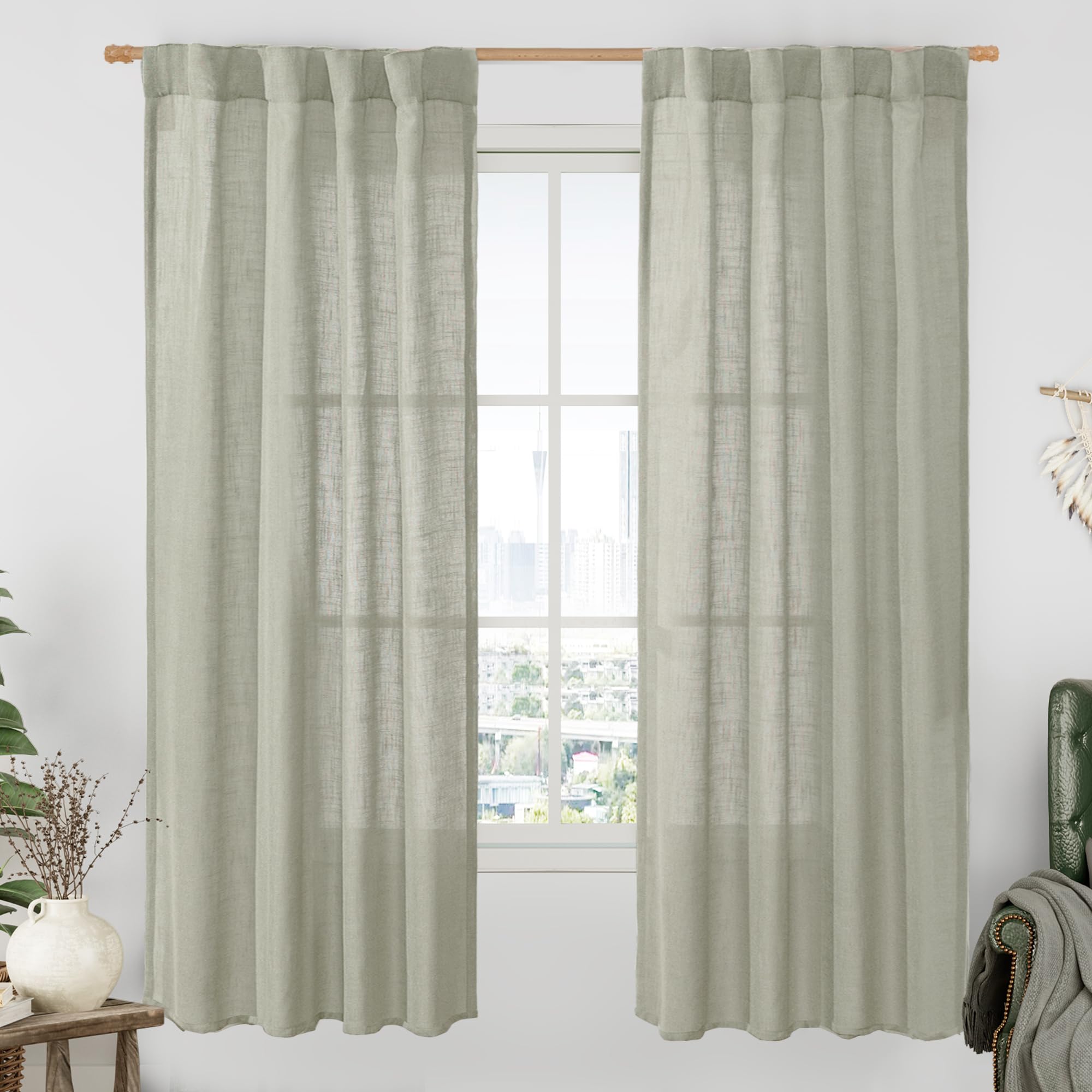 LAMIT Natural Ivory Semi Sheer Linen Curtains 84 inch Long, Cream White Light Filtering Living Room Panels Back Tab and Rod Pocket Neutral Drapes for Bedroom/Farmhouse, 2 Panels, 52 x 84 Inch