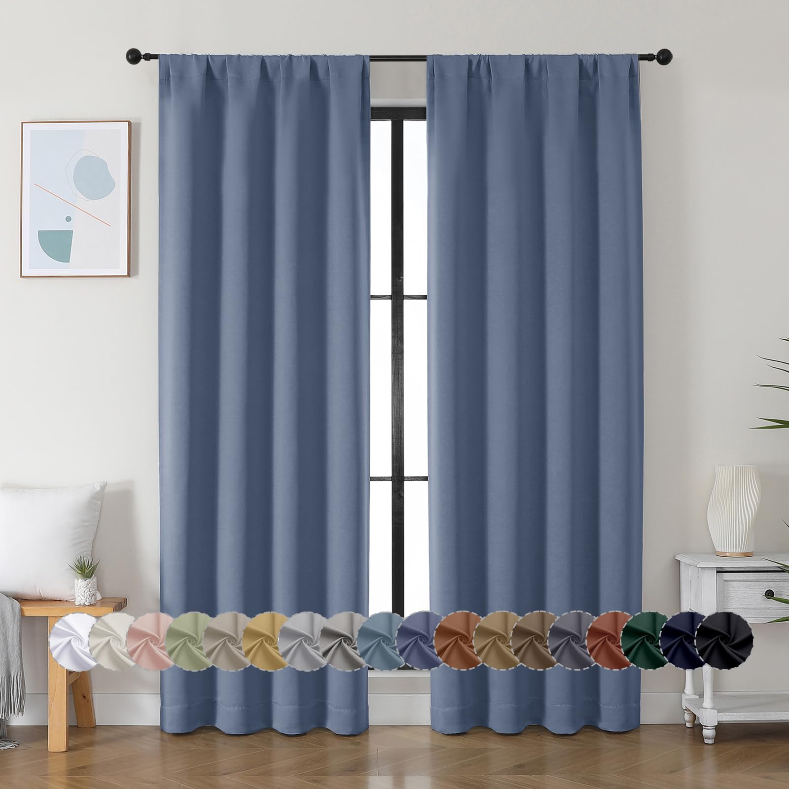 Simplebrand Ava Stone Blue Blackout Curtains for Bedroom 63 Inch Length 2 Panels, Solid Thermal Insulated Energy Saving Rod Pocket Window Treatment Curtains Blackout Drapes, W40 x L63 Inch, Stone Blue