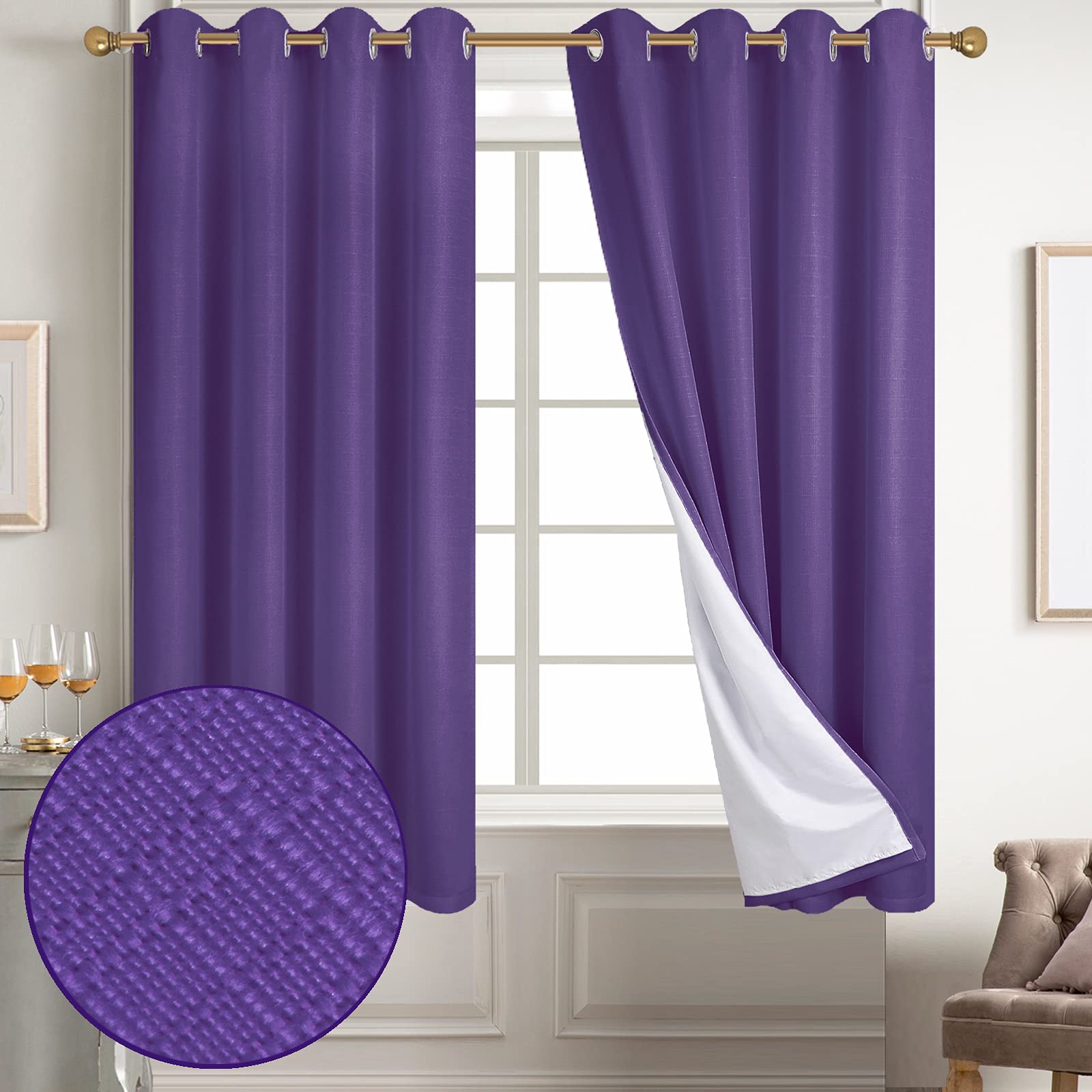 Diraysid 100% Blackout White Curtains Linen Curtains for Bedroom Grommet Thermal Insulated Room Darkening Drapes (2 Panels, W52 x L84 Inch)