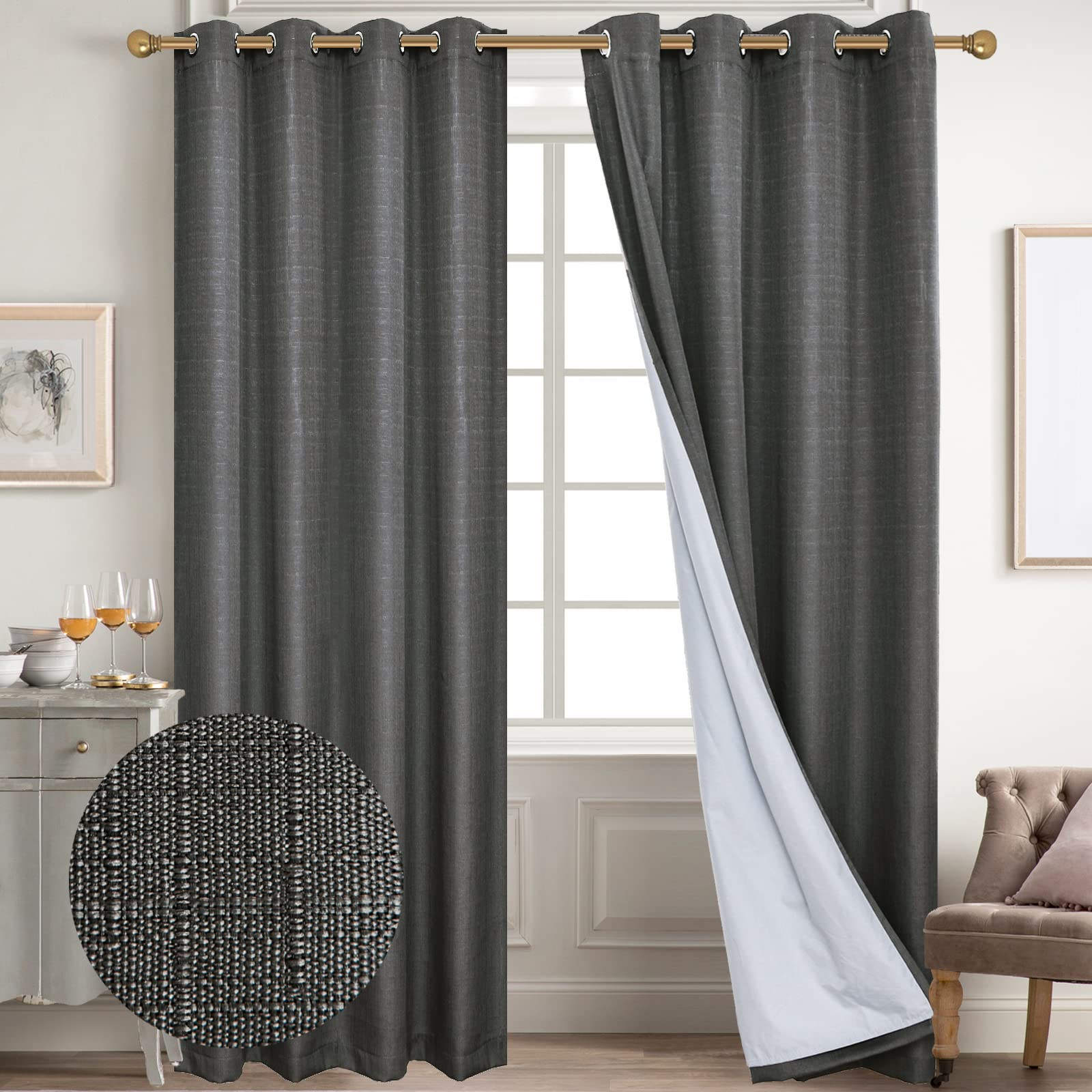 Diraysid 100% Blackout White Curtains Linen Curtains for Bedroom Grommet Thermal Insulated Room Darkening Drapes (2 Panels, W52 x L84 Inch)