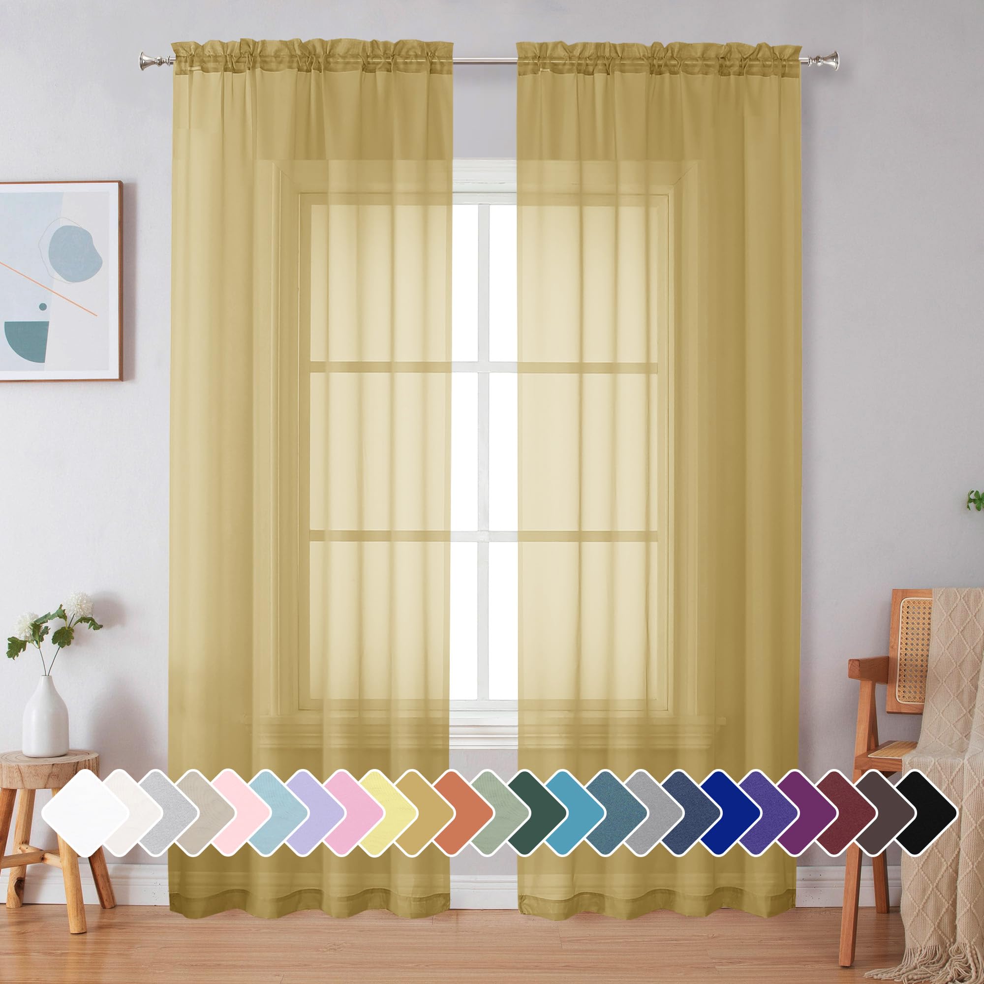 Simplebrand Black Sheer Curtains 84 Inches Long, Light Filtering Rod Pocket Solid Color Window Sheer Curtain Panels, Elegant Curtains & Drapes for Living Room, Bedroom 2 Panels (Black, 42" W x 84" L)