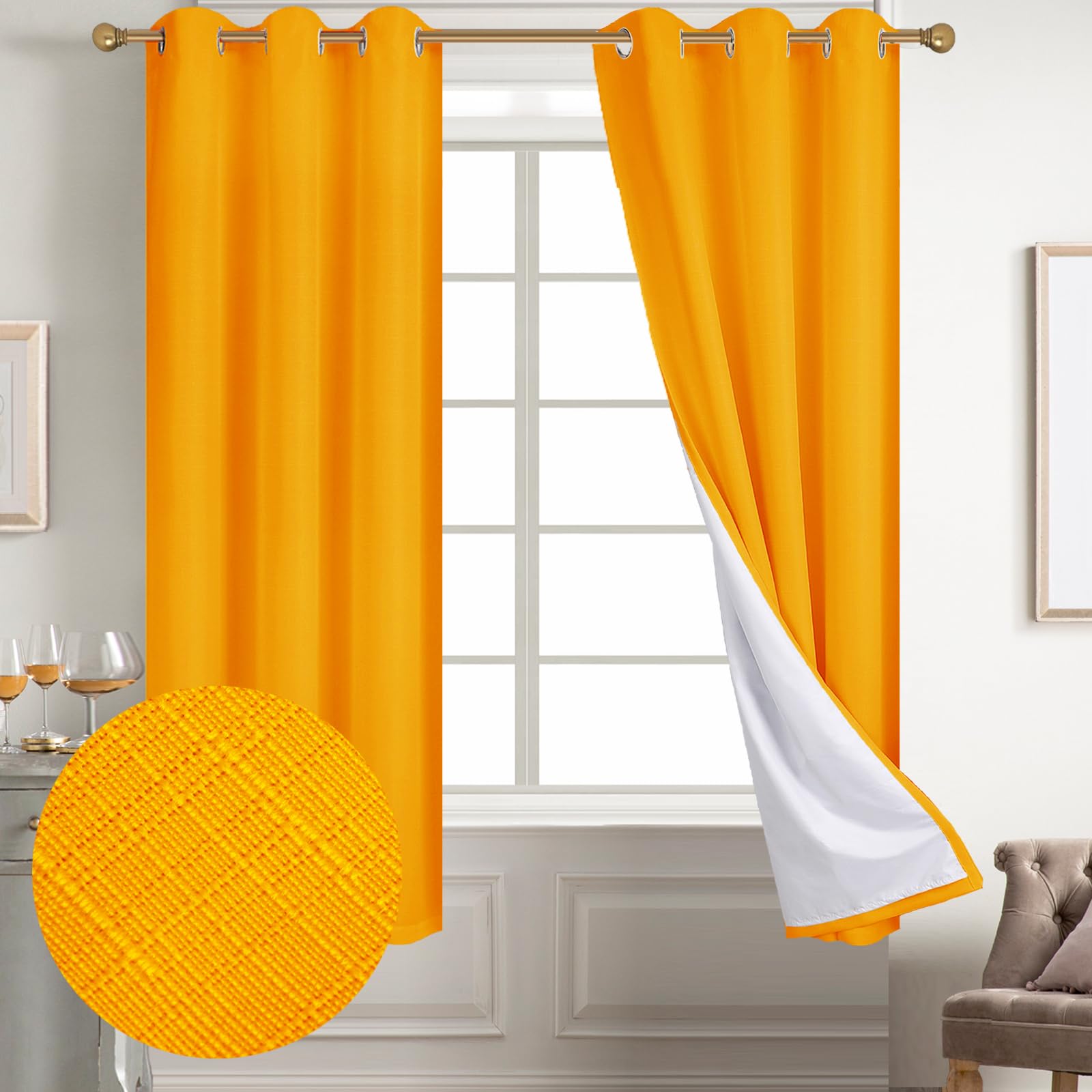 Diraysid 100% Blackout White Curtains Linen Curtains for Bedroom Grommet Thermal Insulated Room Darkening Drapes (2 Panels, W52 x L84 Inch)