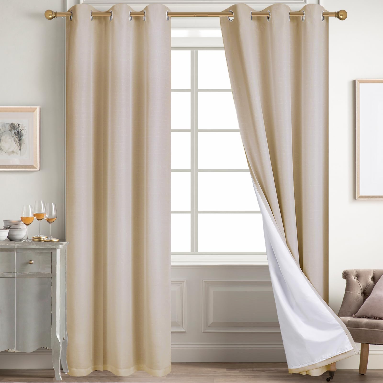 Diraysid 100% Blackout White Curtains Linen Curtains for Bedroom Grommet Thermal Insulated Room Darkening Drapes (2 Panels, W52 x L84 Inch)