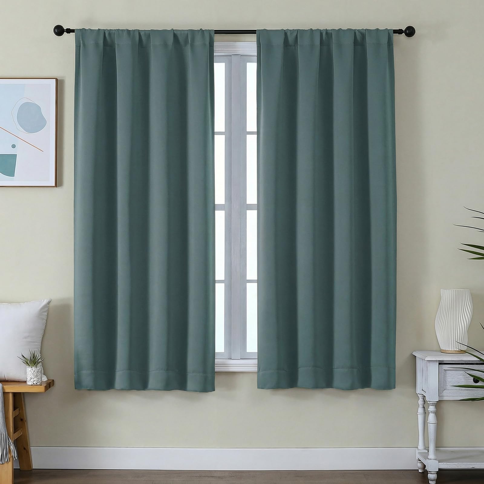Simplebrand Ava Stone Blue Blackout Curtains for Bedroom 63 Inch Length 2 Panels, Solid Thermal Insulated Energy Saving Rod Pocket Window Treatment Curtains Blackout Drapes, W40 x L63 Inch, Stone Blue