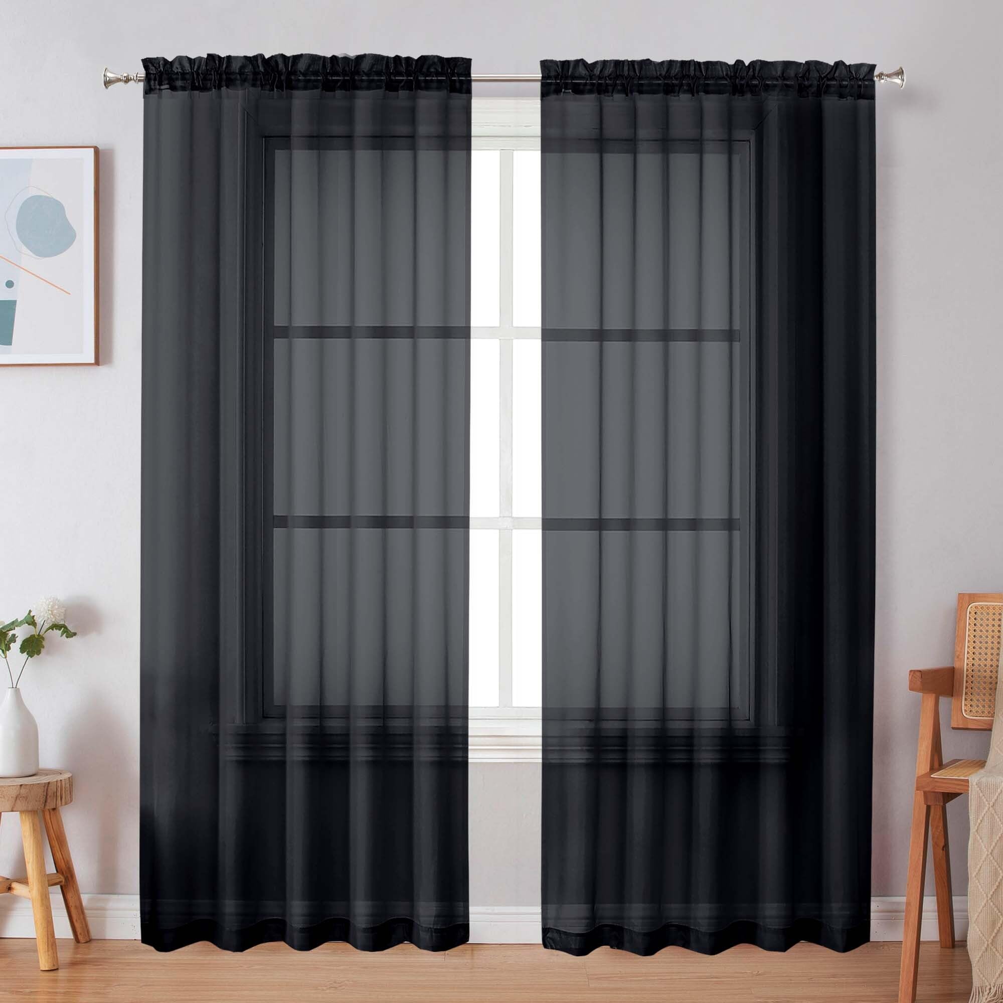 Simplebrand Black Sheer Curtains 84 Inches Long, Light Filtering Rod Pocket Solid Color Window Sheer Curtain Panels, Elegant Curtains & Drapes for Living Room, Bedroom 2 Panels (Black, 42" W x 84" L)