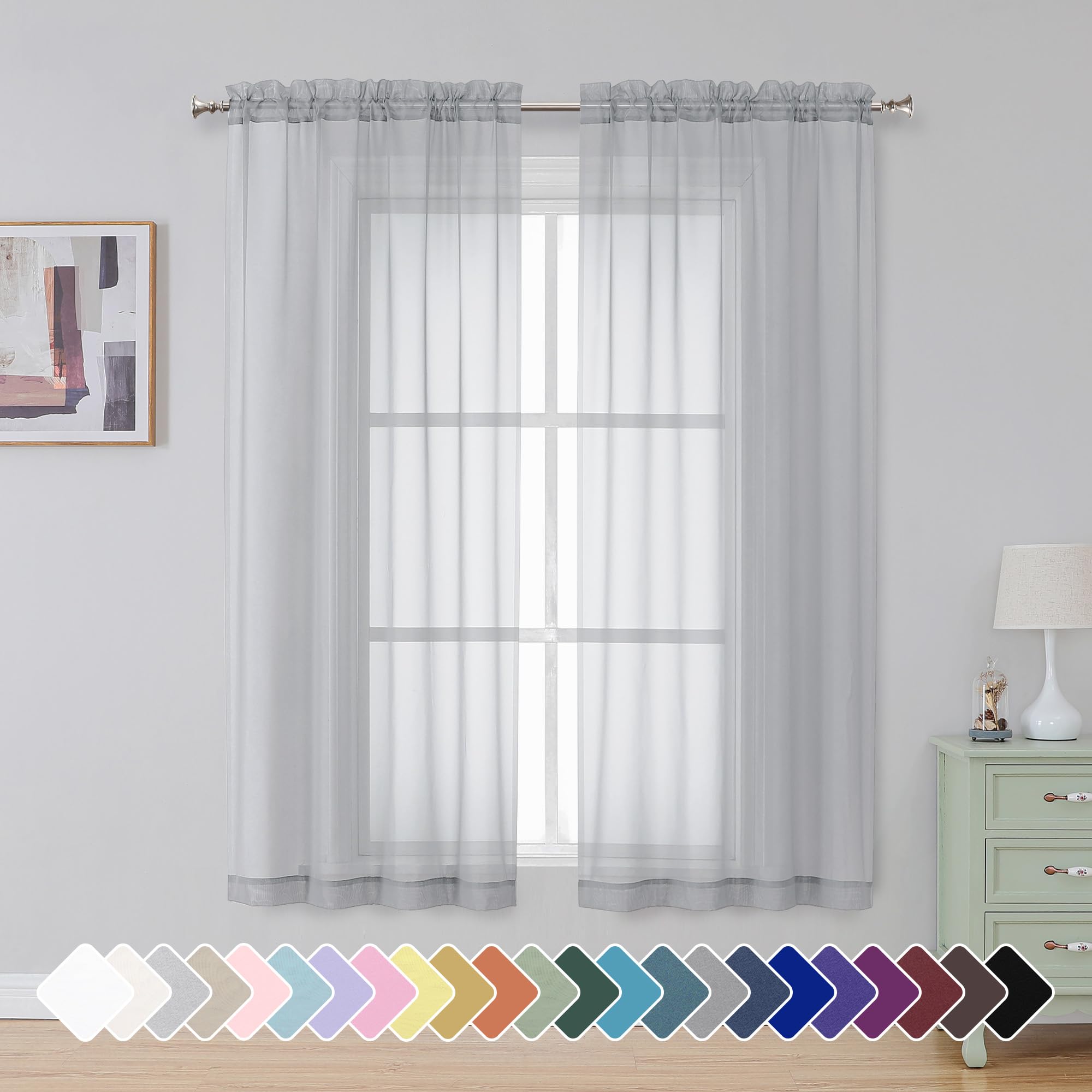 Simplebrand Black Sheer Curtains 84 Inches Long, Light Filtering Rod Pocket Solid Color Window Sheer Curtain Panels, Elegant Curtains & Drapes for Living Room, Bedroom 2 Panels (Black, 42" W x 84" L)