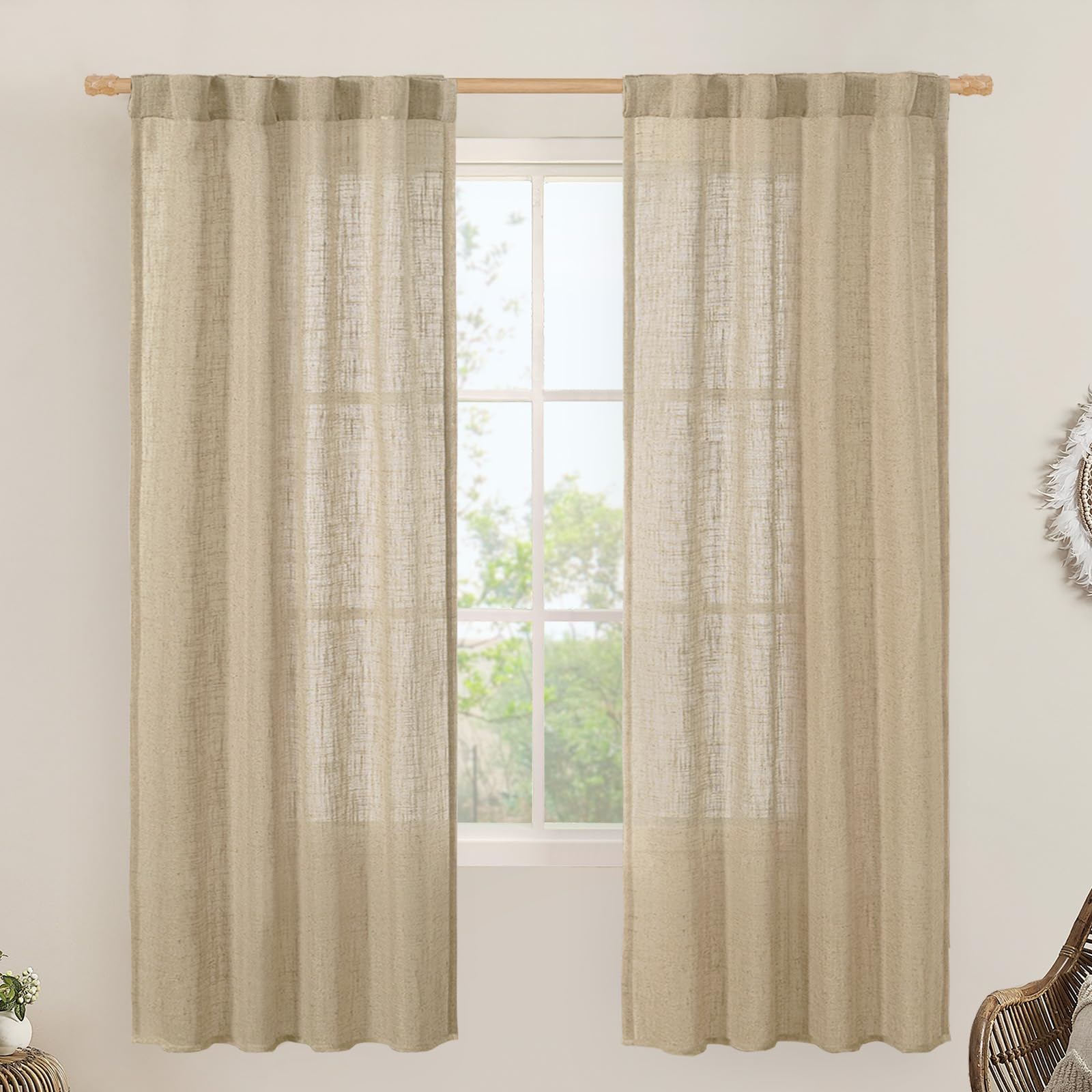 LAMIT Natural Ivory Semi Sheer Linen Curtains 84 inch Long, Cream White Light Filtering Living Room Panels Back Tab and Rod Pocket Neutral Drapes for Bedroom/Farmhouse, 2 Panels, 52 x 84 Inch